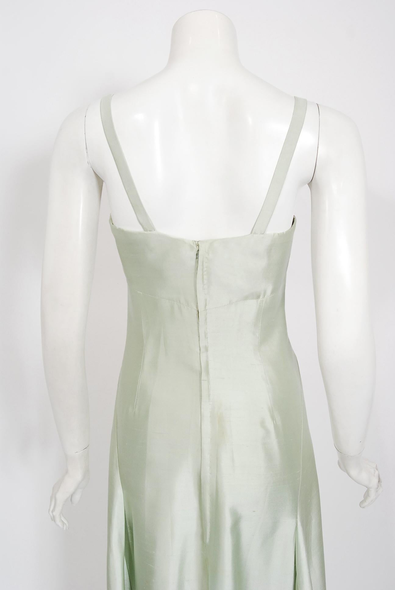 Vintage 1965 Jean Patou Haute Couture Icy Blue-Green Silk Plunge Sculptural Gown For Sale 2