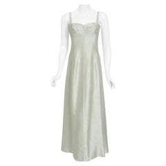 Vintage 1965 Vestido escultural de alta costura Jean Patou de seda azul verdoso helada