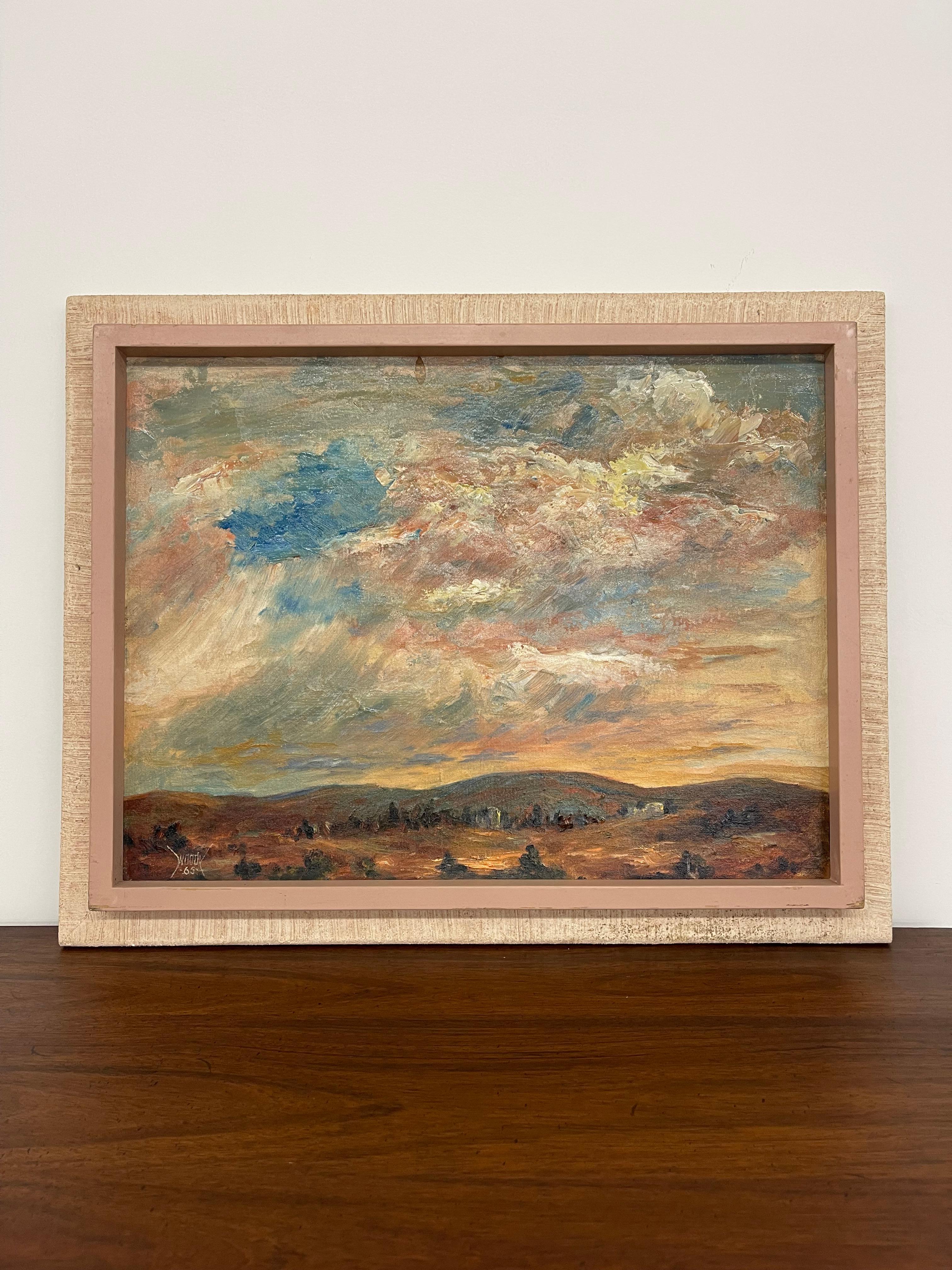 Vintage Landschaftsgem�älde, signiert '65, mit einem Panoramablick auf sanfte Hügel unter einem dramatischen, wolkenverhangenen Himmel. Mit ausdrucksstarken, strukturierten Pinselstrichen fängt die Künstlerin das dynamische Zusammenspiel von Licht