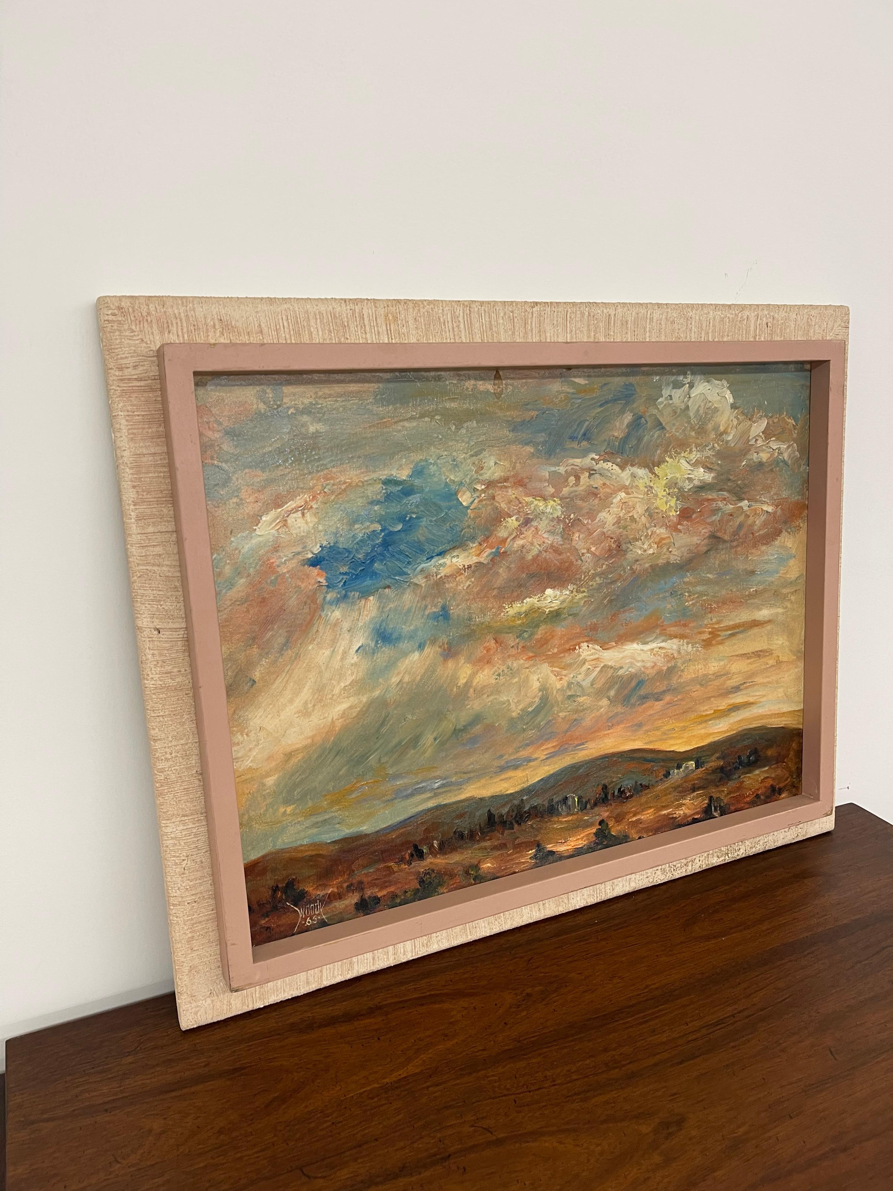 Vintage 1965 Landschaftsgemälde Signiert Woody-Mid-Century Textured Sky and Hill. (Moderne der Mitte des Jahrhunderts) im Angebot