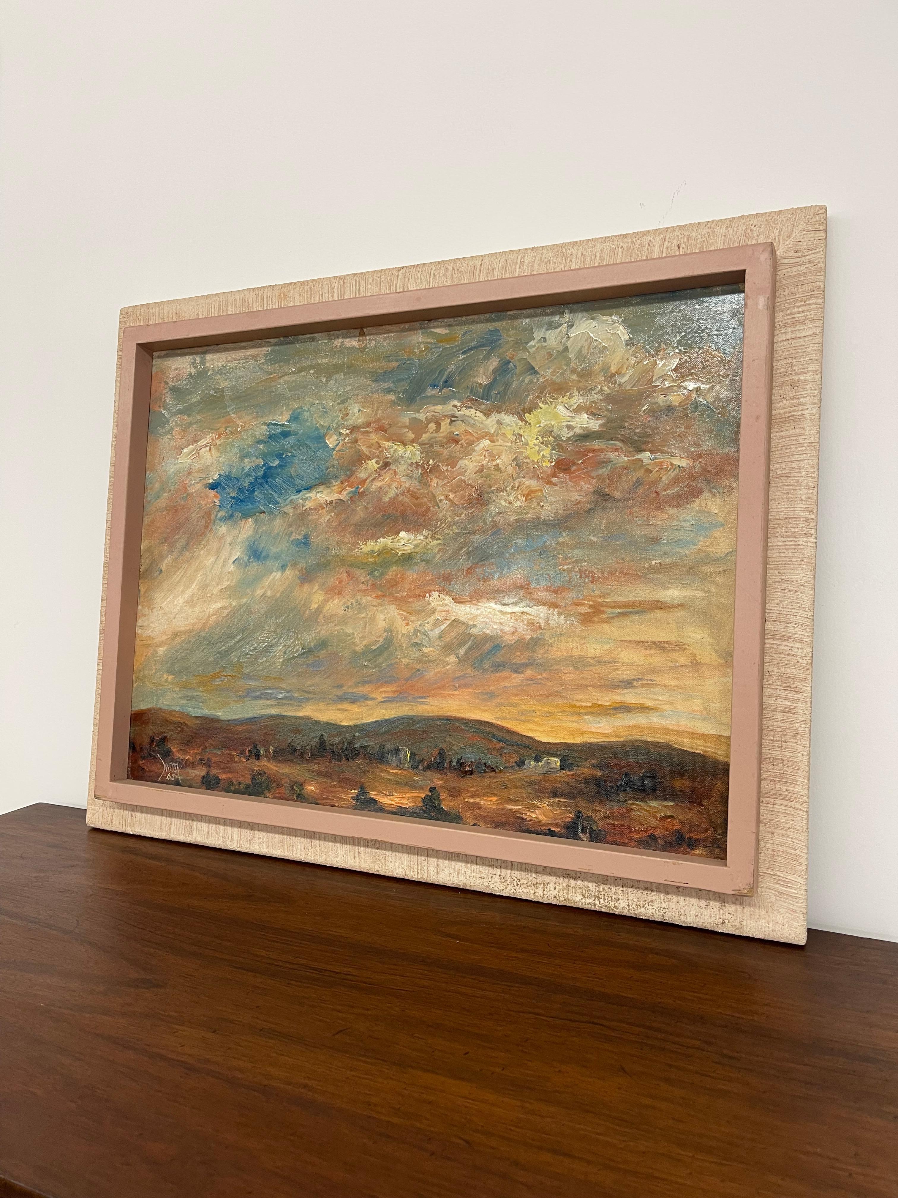 Vintage 1965 Landschaftsgemälde Signiert Woody-Mid-Century Textured Sky and Hill. im Zustand „Gut“ im Angebot in Seattle, WA