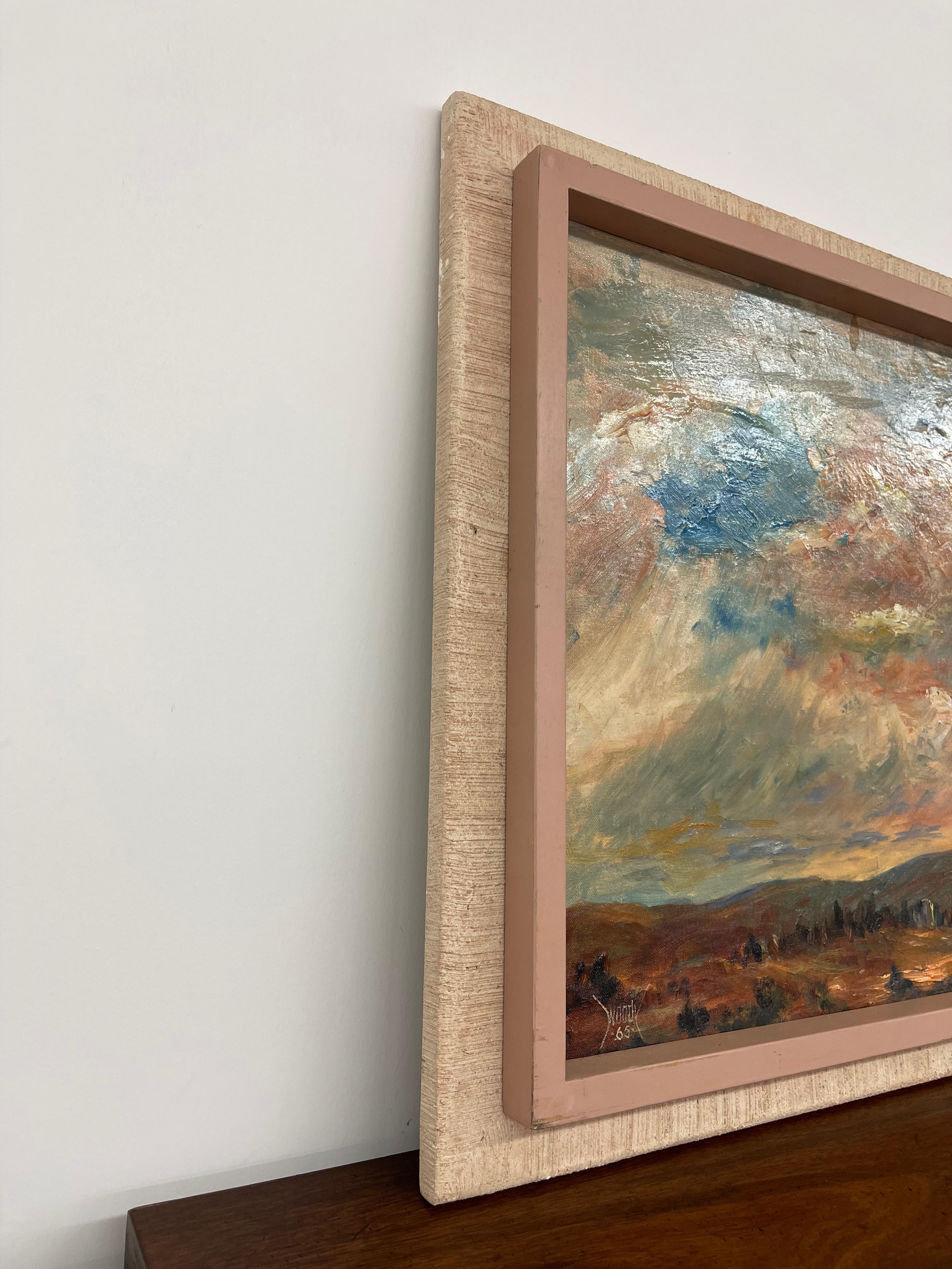 Vintage 1965 Landschaftsgemälde Signiert Woody-Mid-Century Textured Sky and Hill. (Mitte des 20. Jahrhunderts) im Angebot