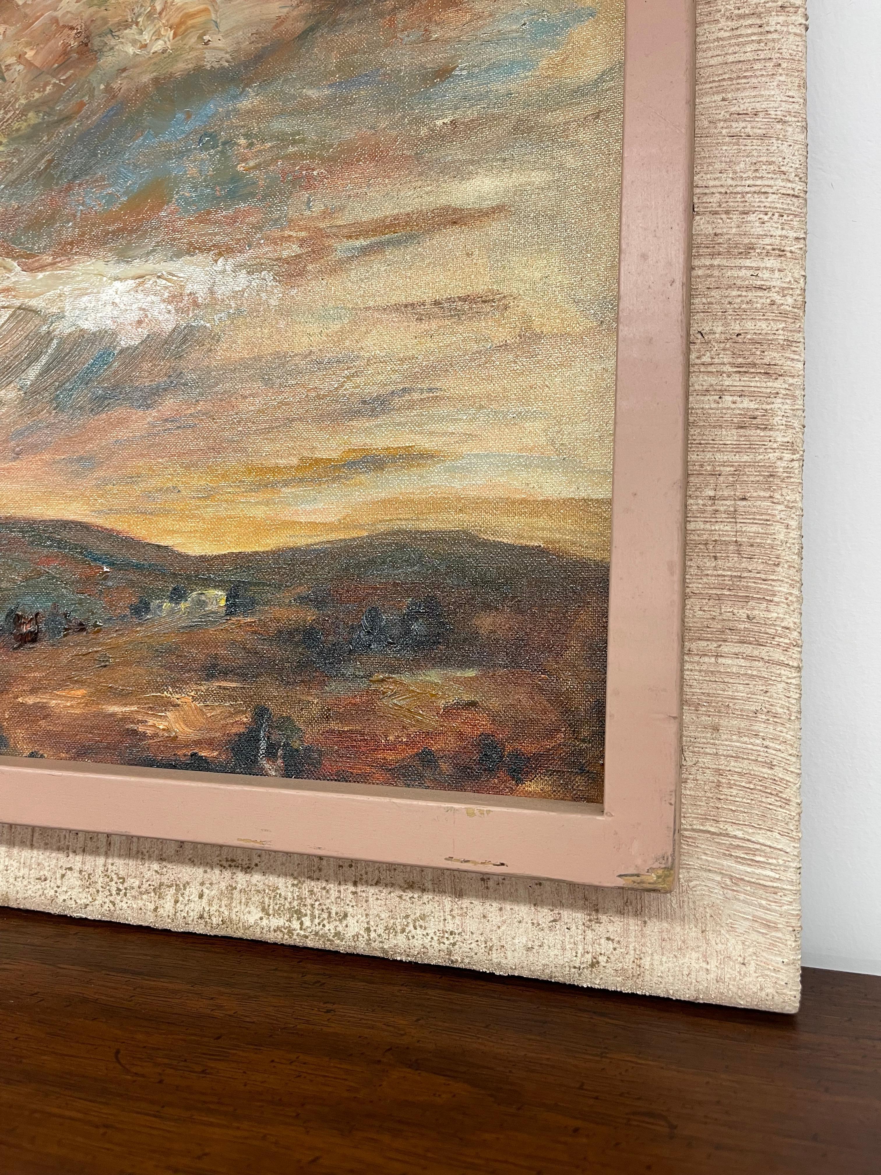Vintage 1965 Landschaftsgemälde Signiert Woody-Mid-Century Textured Sky and Hill. (Leinwand) im Angebot