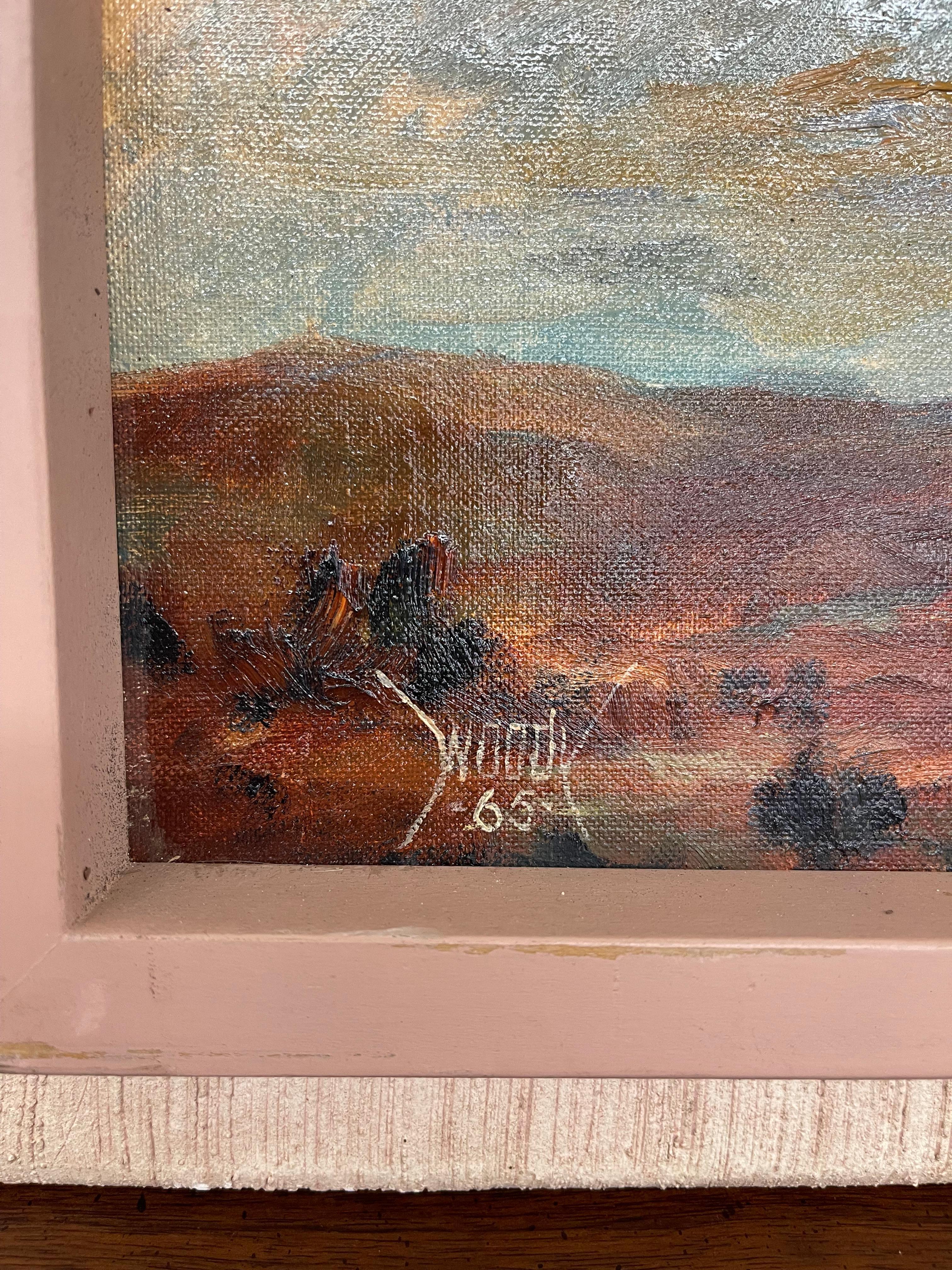 Vintage 1965 Landschaftsgemälde Signiert Woody-Mid-Century Textured Sky and Hill. im Angebot 1