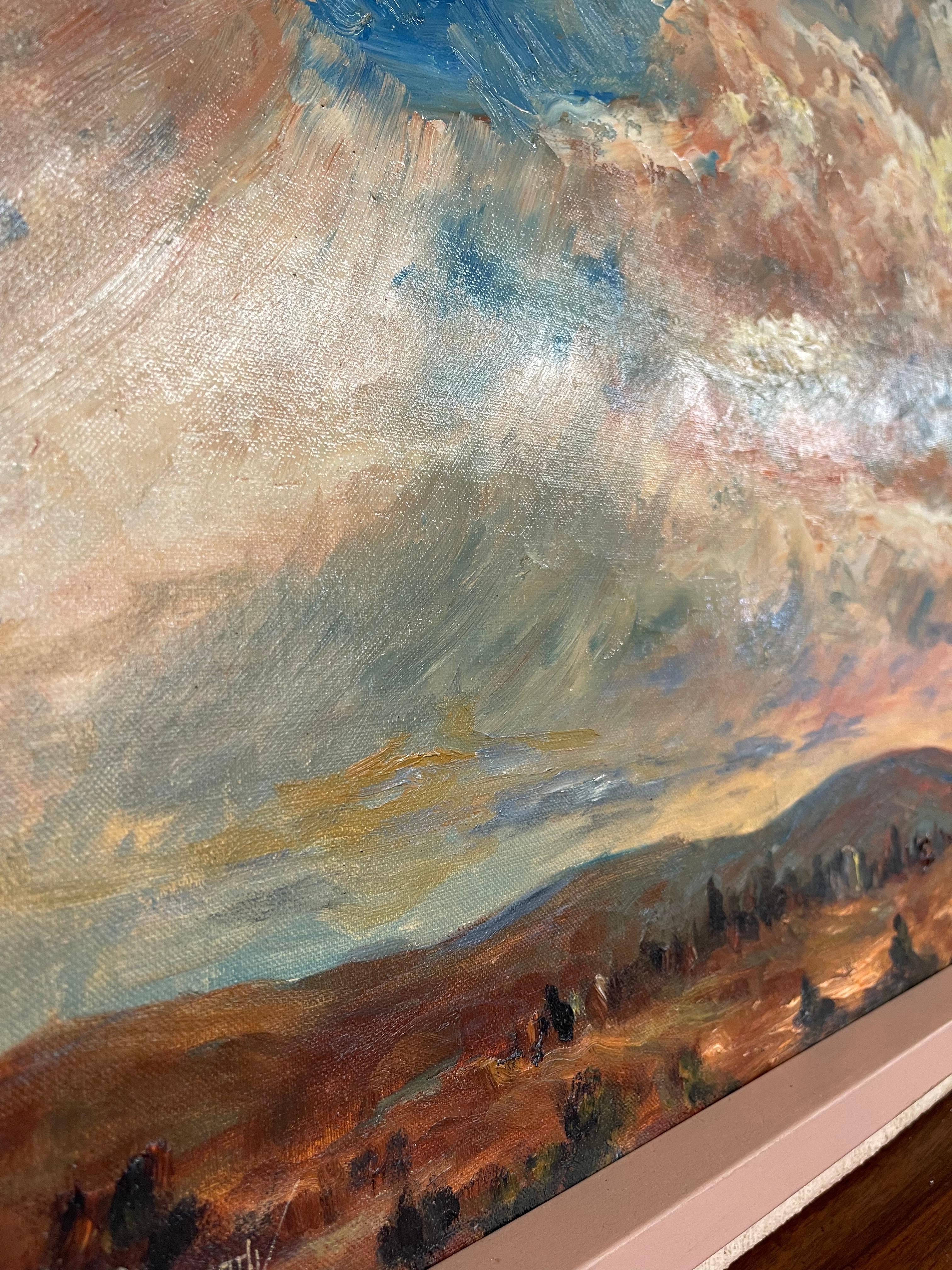 Vintage 1965 Landschaftsgemälde Signiert Woody-Mid-Century Textured Sky and Hill. im Angebot 2