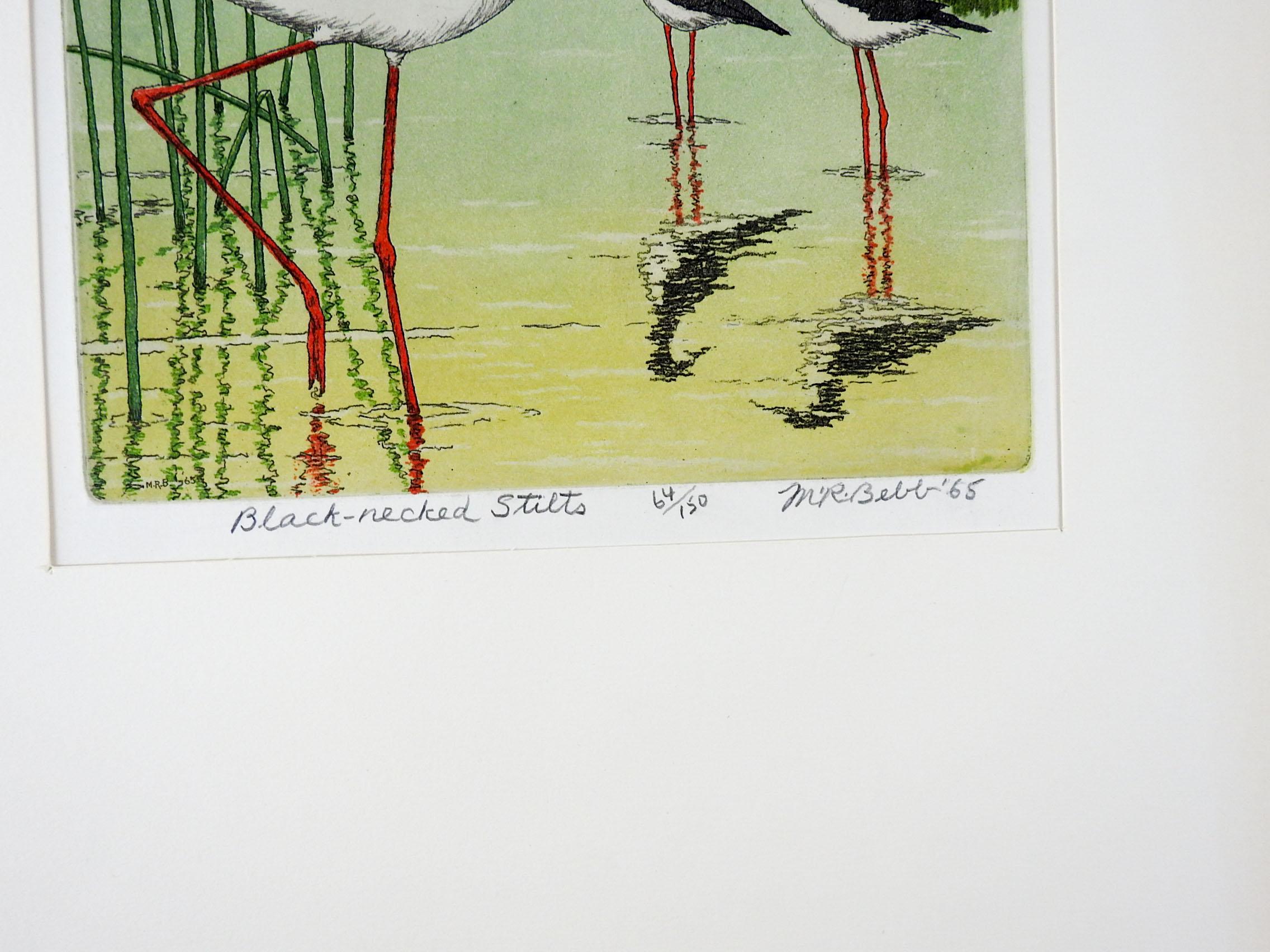 Vintage 1965 Maurice R. Bebbs (1891-1985) color aquatint etching on paper. Signed, titled Black-necked Stilts, numbered 9/15 artist proof in pencil along lower margin. Unframed, displayed in folded cardstock mat, opening size 7.75