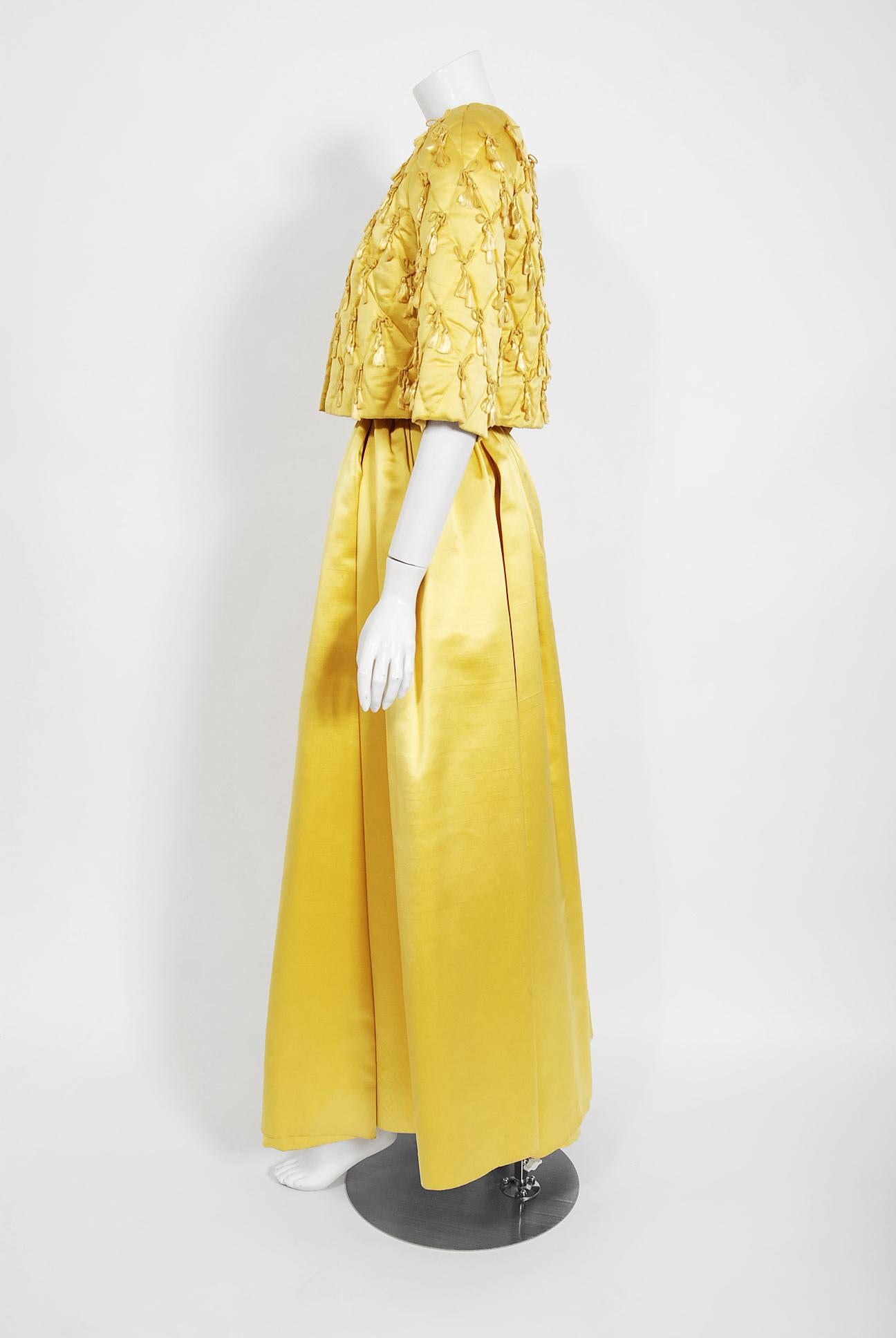 Vintage 1960's Jane Derby Yellow Silk Satin Gown & Quilted Tassel Cropped Jacket 6