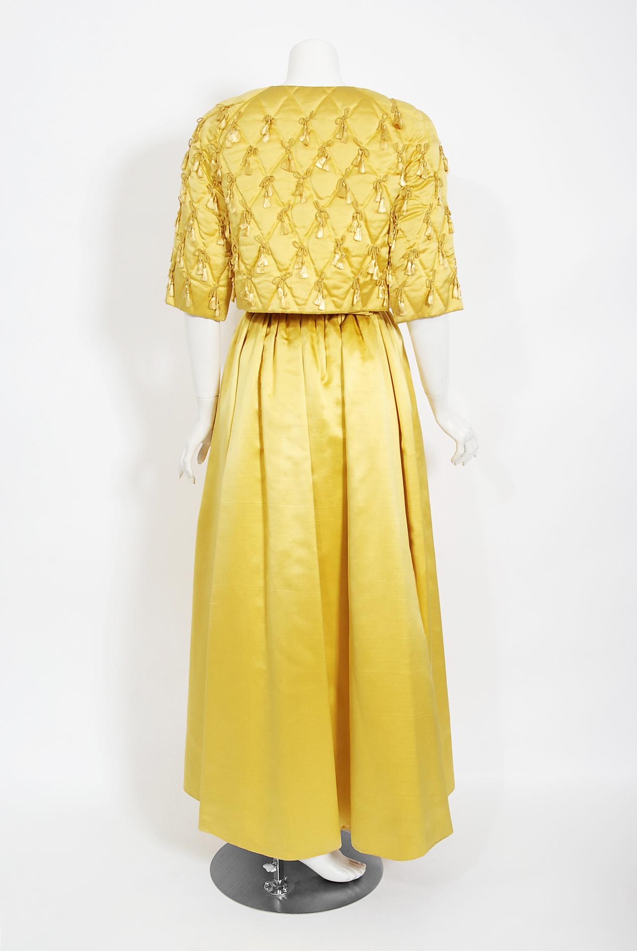 Vintage 1960's Jane Derby Yellow Silk Satin Gown & Quilted Tassel Cropped Jacket 7