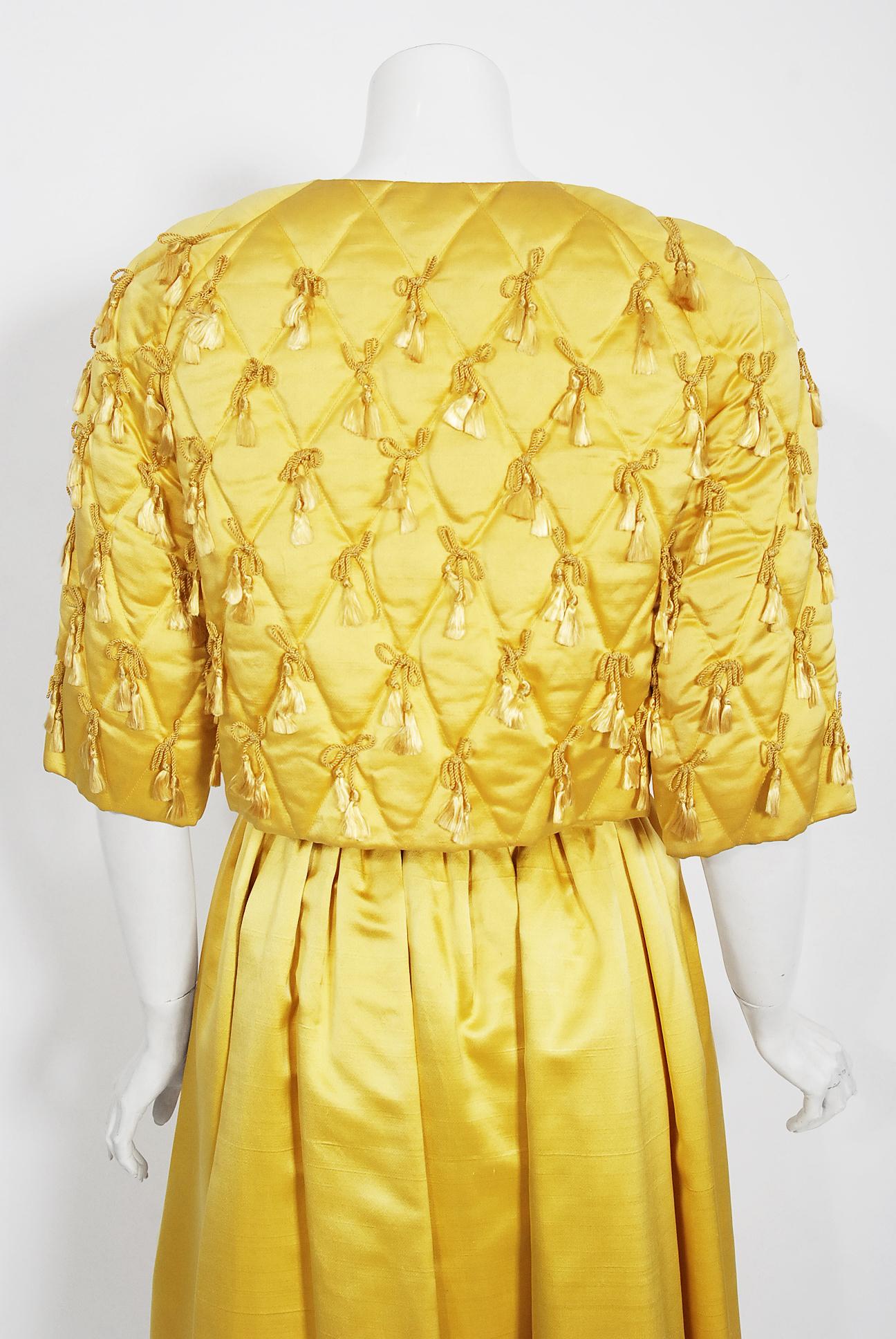 Vintage 1960's Jane Derby Yellow Silk Satin Gown & Quilted Tassel Cropped Jacket 10