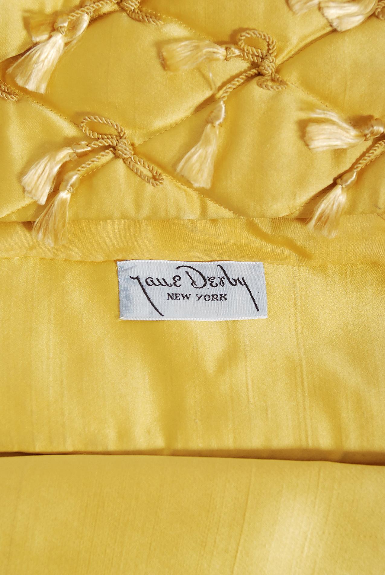 Vintage 1960's Jane Derby Yellow Silk Satin Gown & Quilted Tassel Cropped Jacket 11