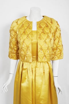 Vintage 1960's Jane Derby Yellow Silk Satin Gown & Quilted Tassel Cropped Jacket