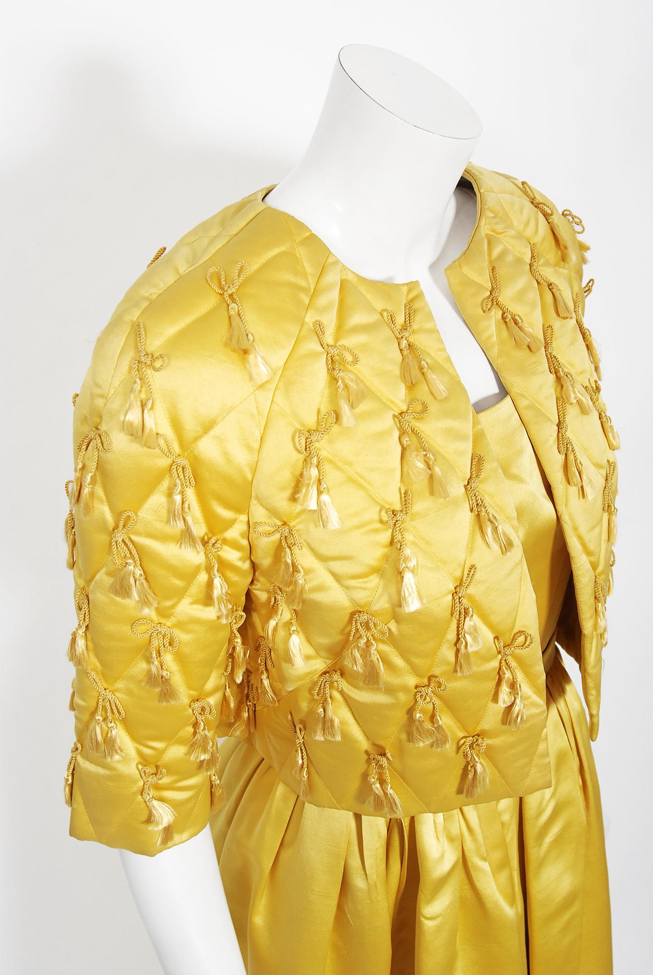 Vintage 1960's Jane Derby Yellow Silk Satin Gown & Quilted Tassel Cropped Jacket In Good Condition In Beverly Hills, CA