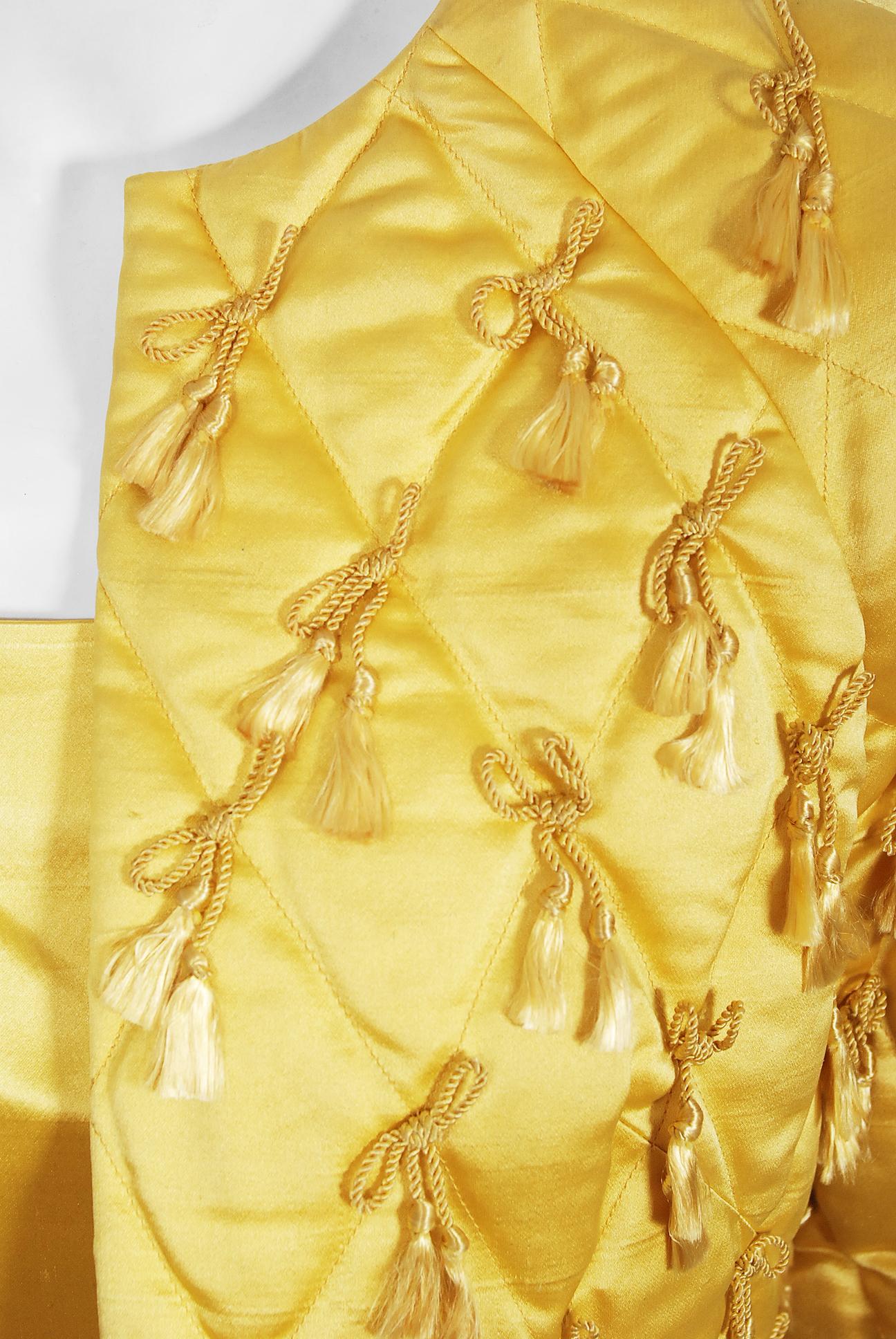 Women's Vintage 1960's Jane Derby Yellow Silk Satin Gown & Quilted Tassel Cropped Jacket