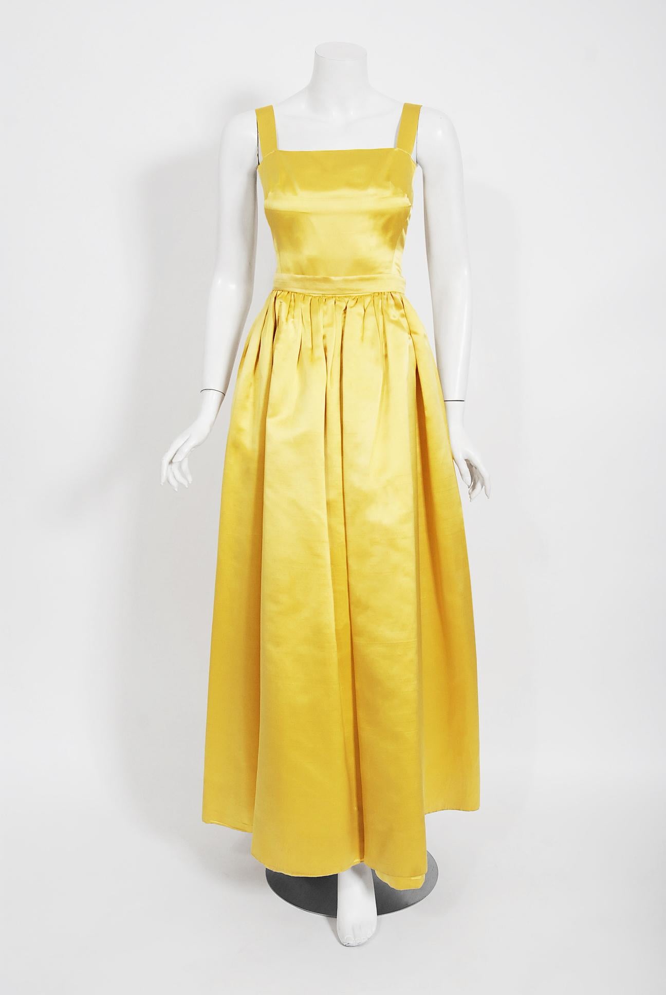 Vintage 1960's Jane Derby Yellow Silk Satin Gown & Quilted Tassel Cropped Jacket 1