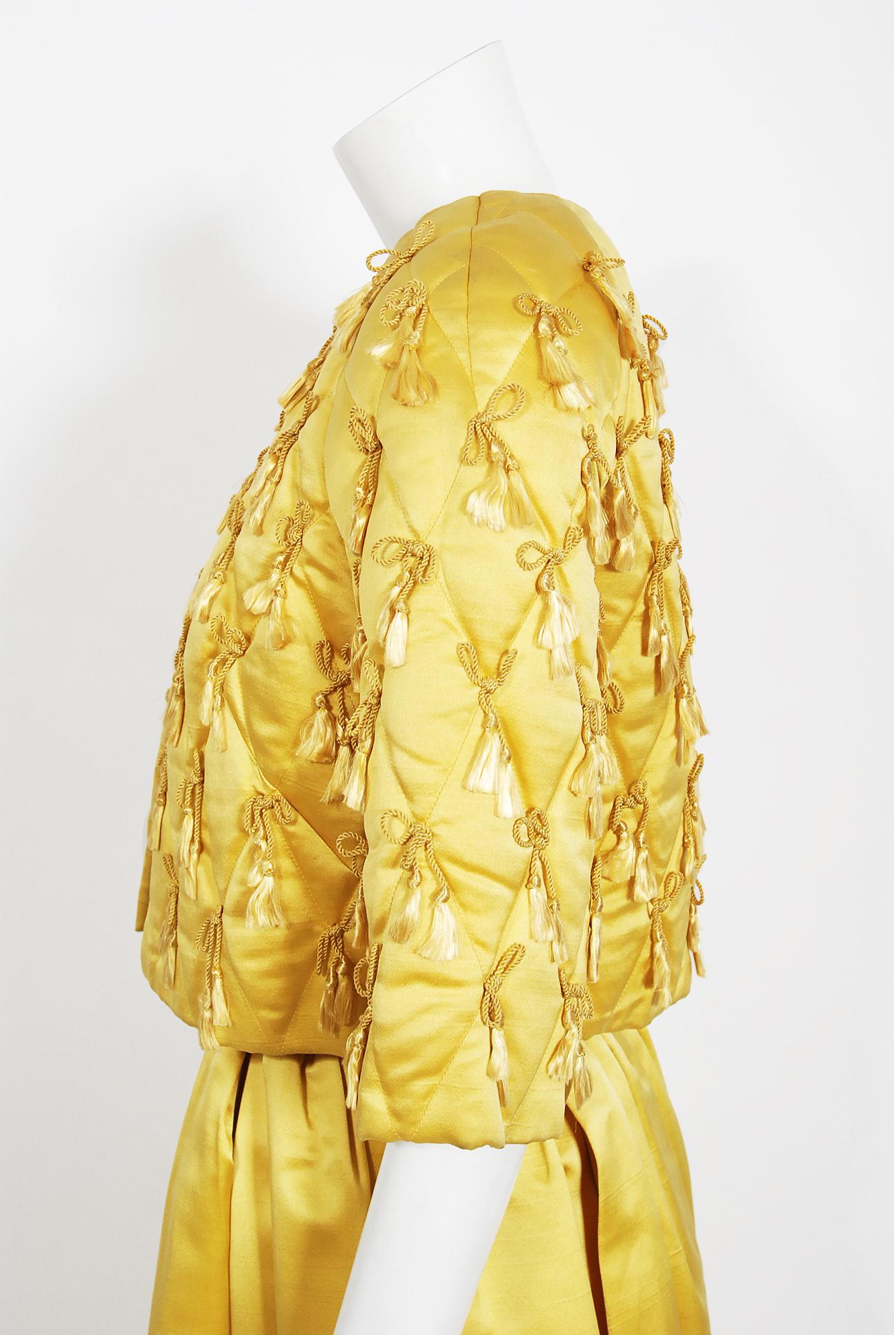 Vintage 1960's Jane Derby Yellow Silk Satin Gown & Quilted Tassel Cropped Jacket 4