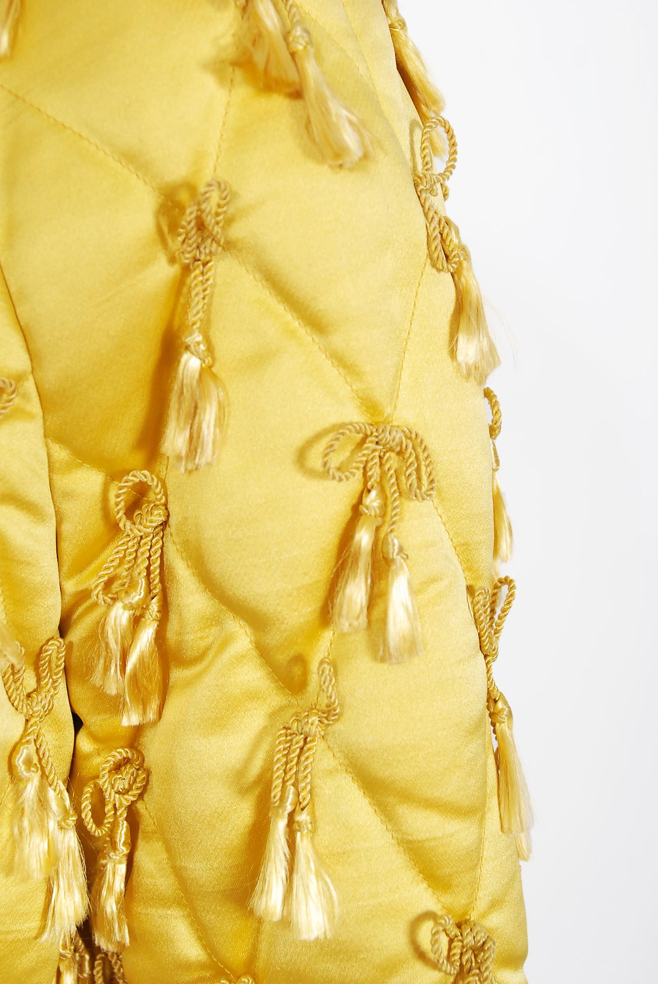 Vintage 1960's Jane Derby Yellow Silk Satin Gown & Quilted Tassel Cropped Jacket 5