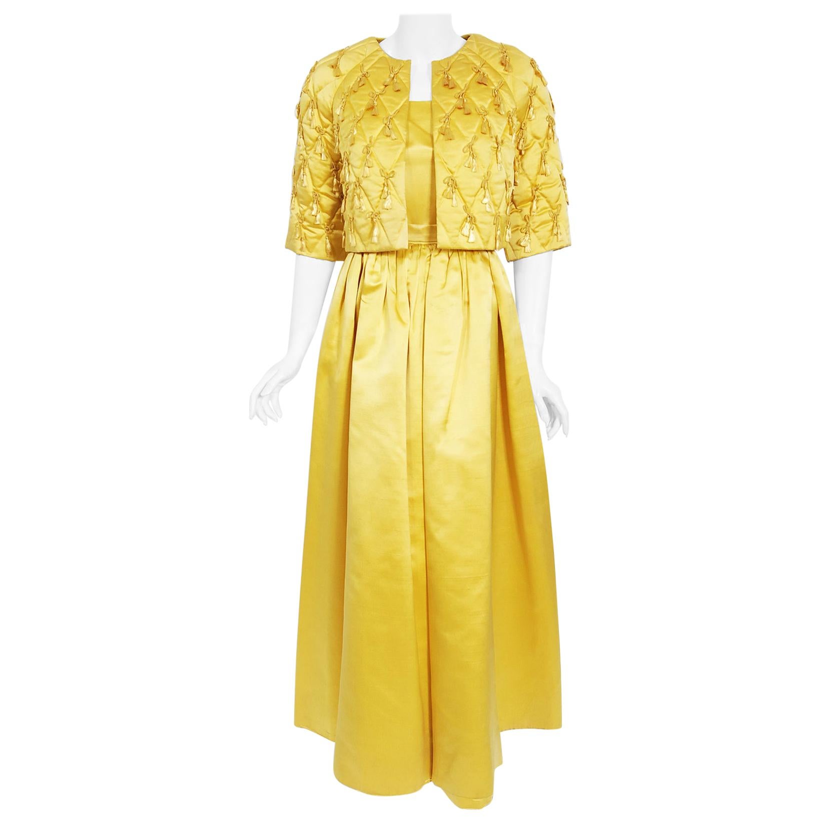 Vintage 1960's Jane Derby Yellow Silk Satin Gown & Quilted Tassel Cropped Jacket