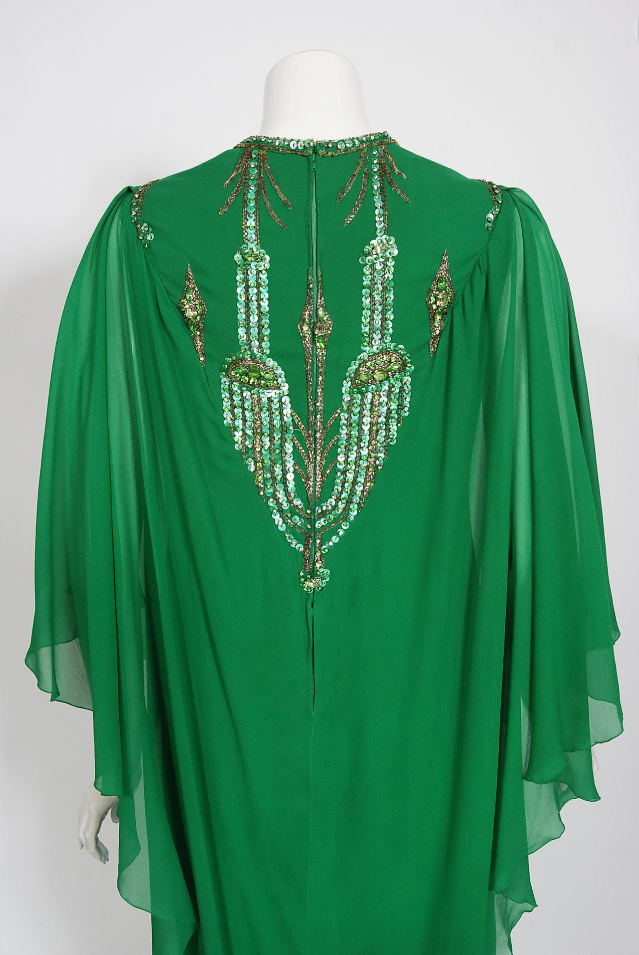 Vintage 1965 Pierre Cardin Haute Couture Beaded Green Silk Chiffon Caftan Gown For Sale 3