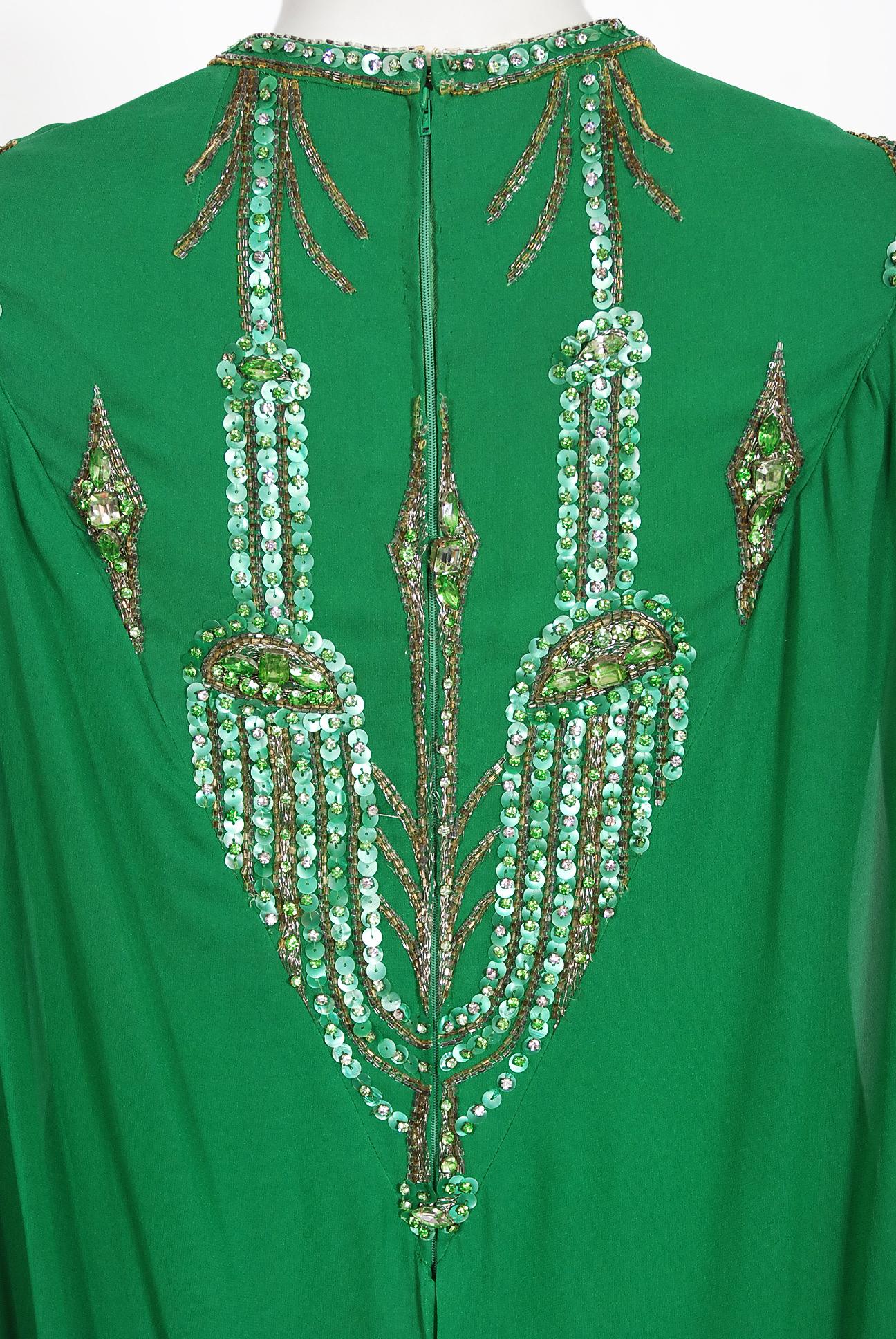 Vintage 1965 Pierre Cardin Haute Couture Beaded Green Silk Chiffon Caftan Gown For Sale 4