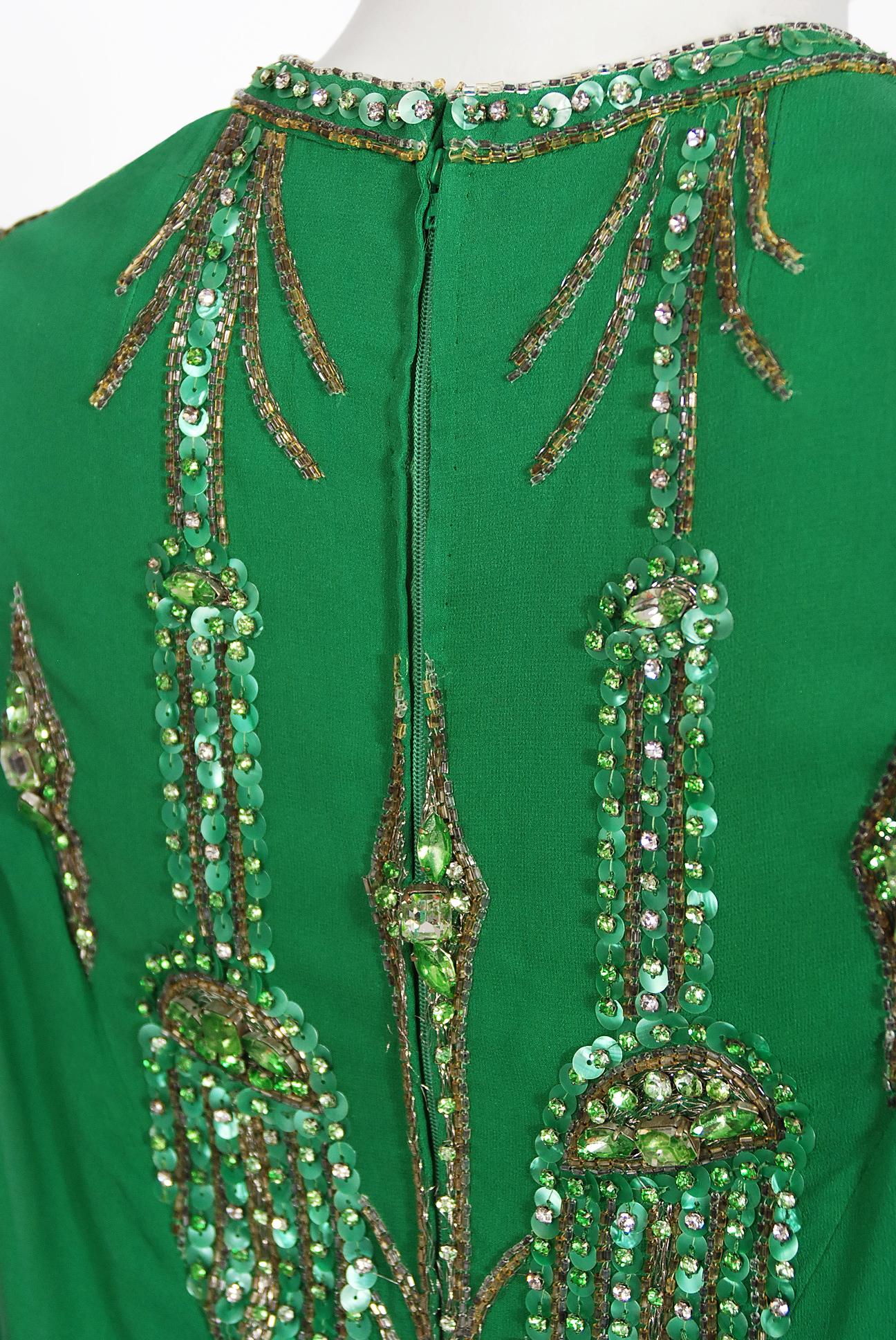 Vintage 1965 Pierre Cardin Haute Couture Beaded Green Silk Chiffon Caftan Gown For Sale 5