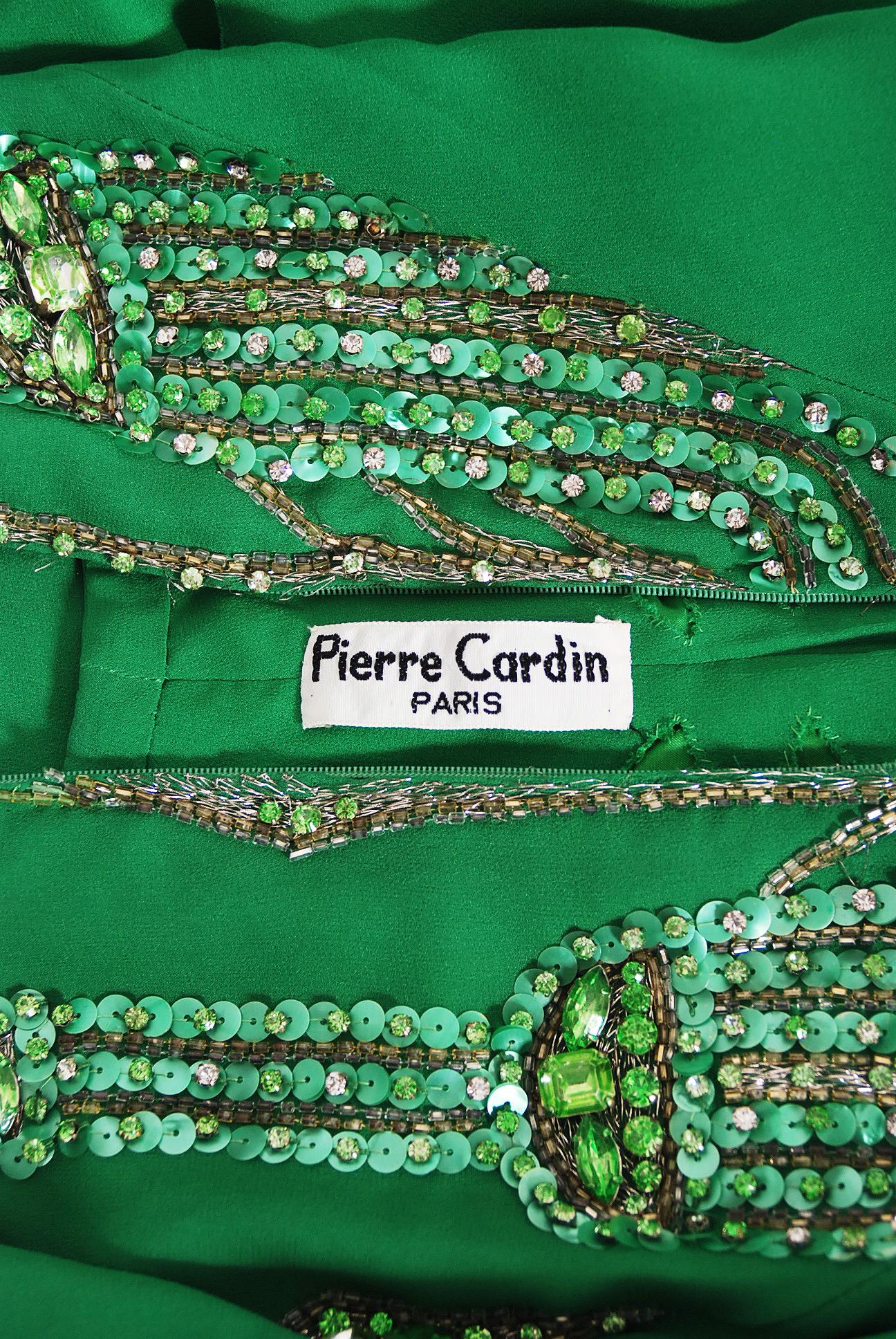 Vintage 1965 Pierre Cardin Haute Couture Beaded Green Silk Chiffon Caftan Gown For Sale 6