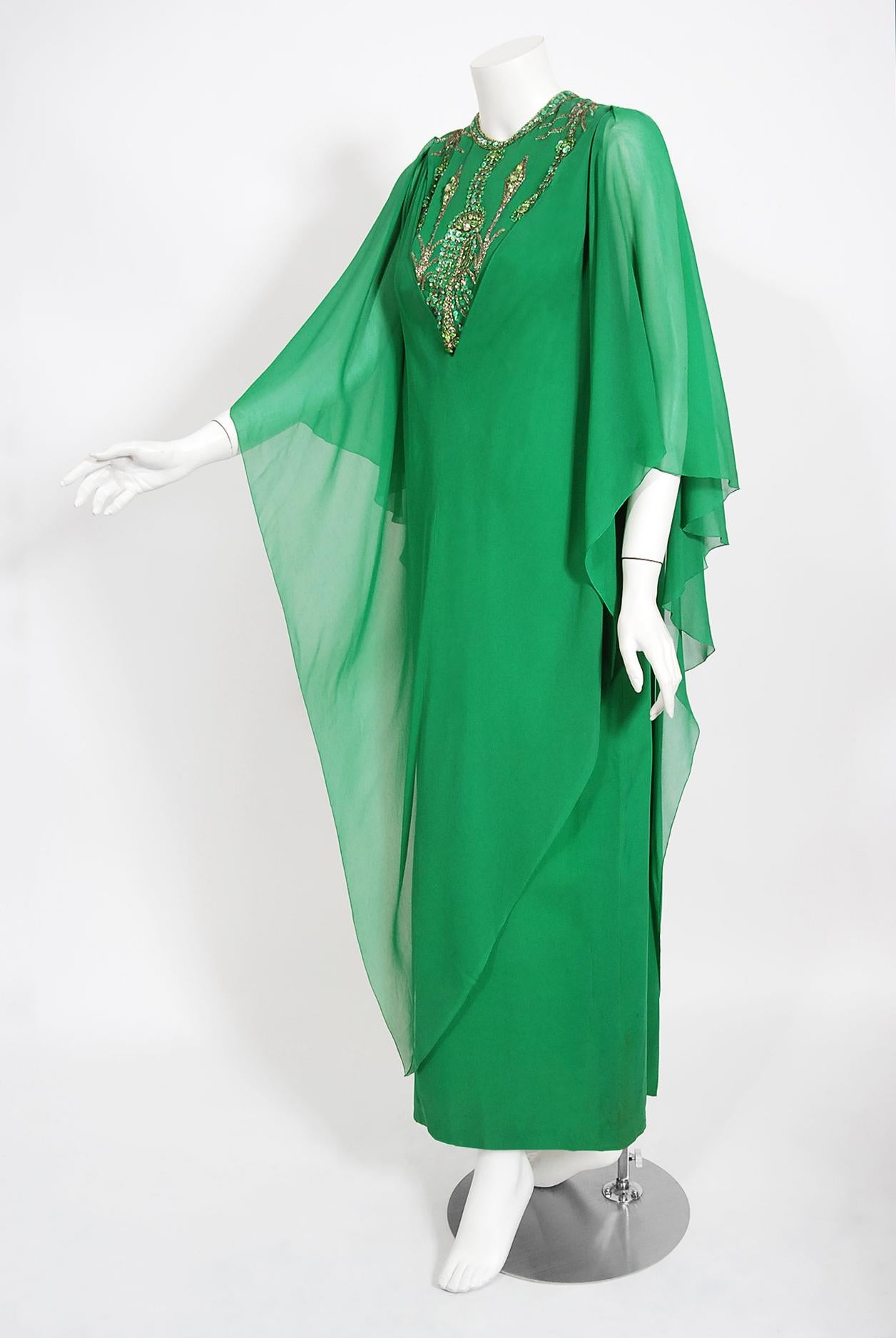 Women's Vintage 1965 Pierre Cardin Haute Couture Beaded Green Silk Chiffon Caftan Gown For Sale