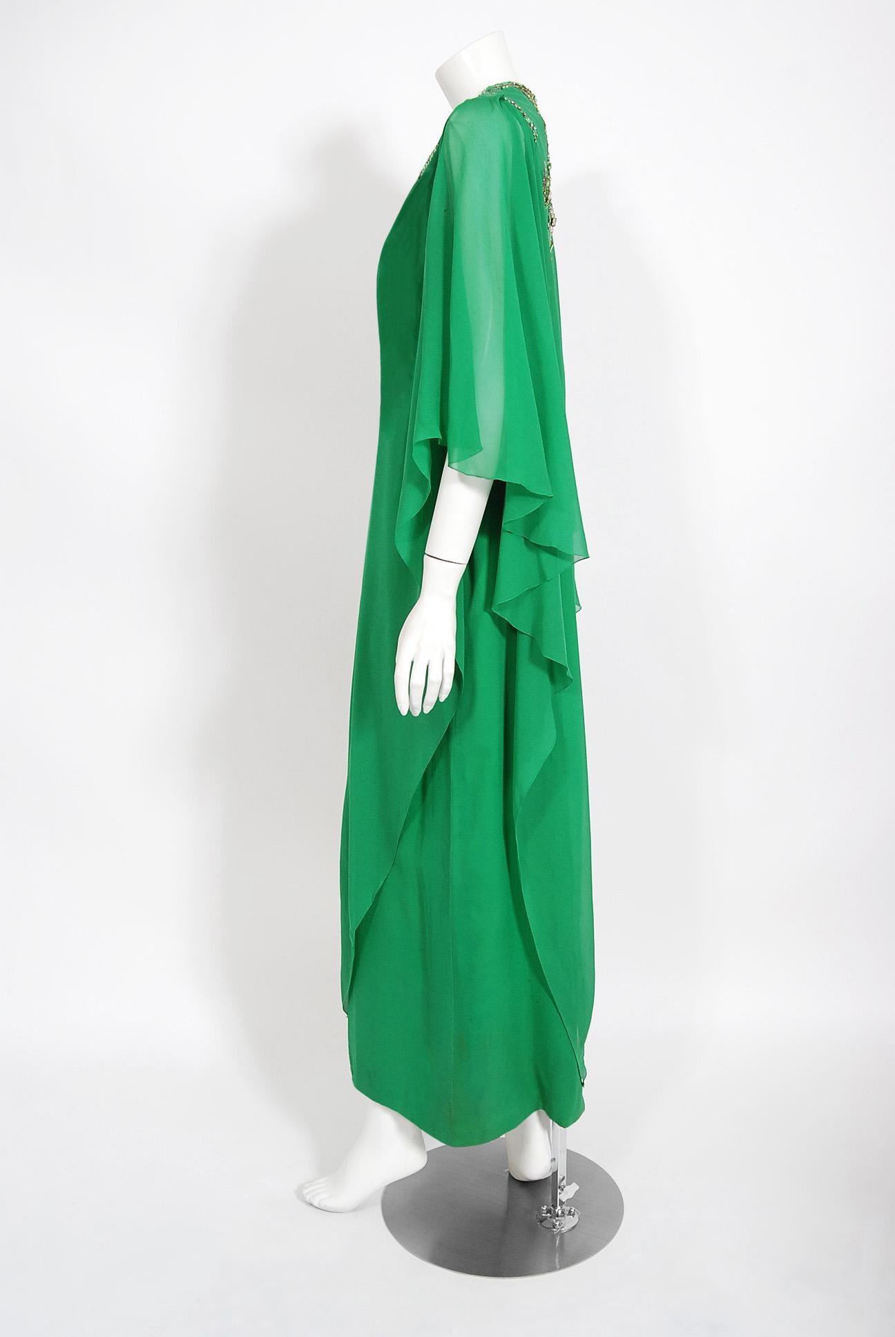 Vintage 1965 Pierre Cardin Haute Couture Beaded Green Silk Chiffon Caftan Gown For Sale 1