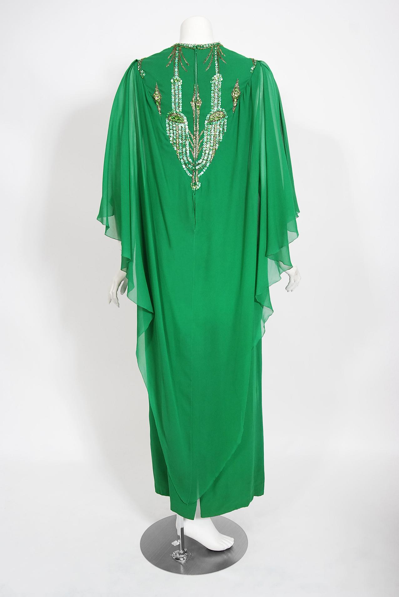 Vintage 1965 Pierre Cardin Haute Couture Beaded Green Silk Chiffon Caftan Gown For Sale 2