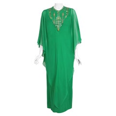 Vintage 1965 Pierre Cardin Haute Couture Beaded Green Silk Chiffon Caftan Gown