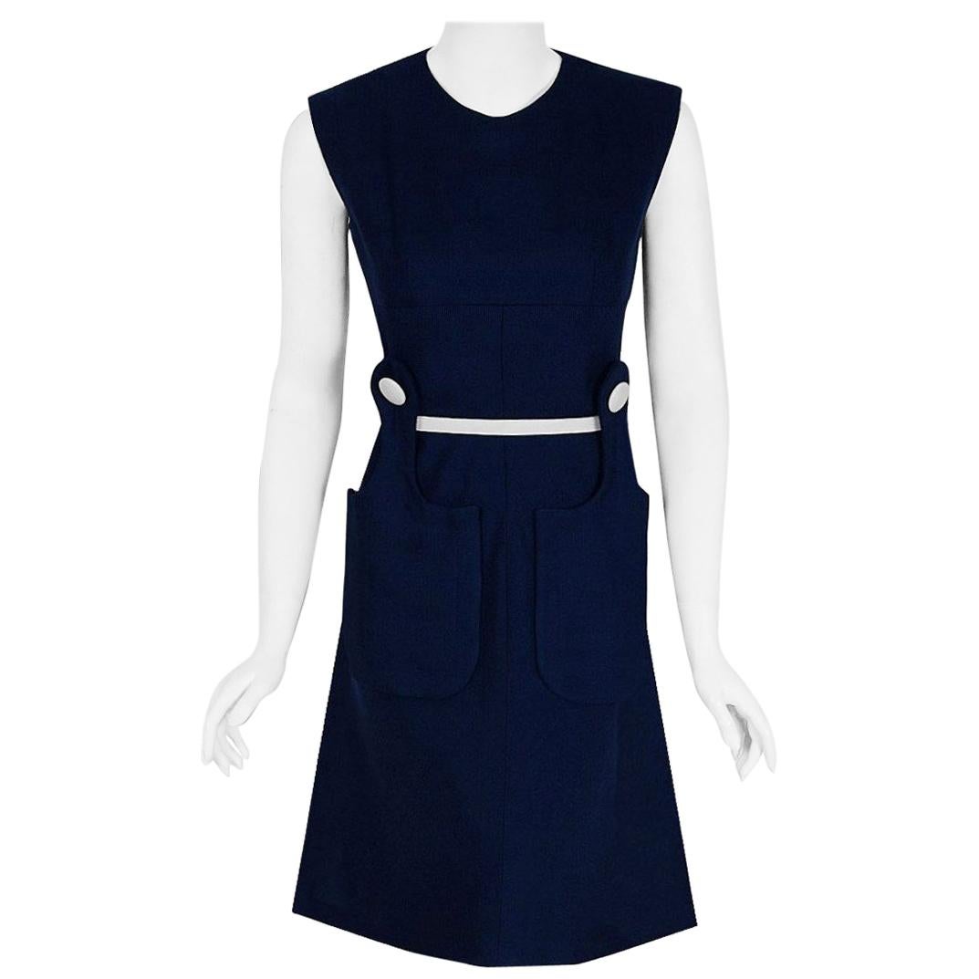 Vintage 1965 Pierre Cardin Navy Blue Linen Mod Sculpted Pockets Space Age Dress