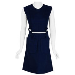 Vintage 1965 Pierre Cardin Navy Blue Linen Mod Sculpted Pockets Space Age Dress