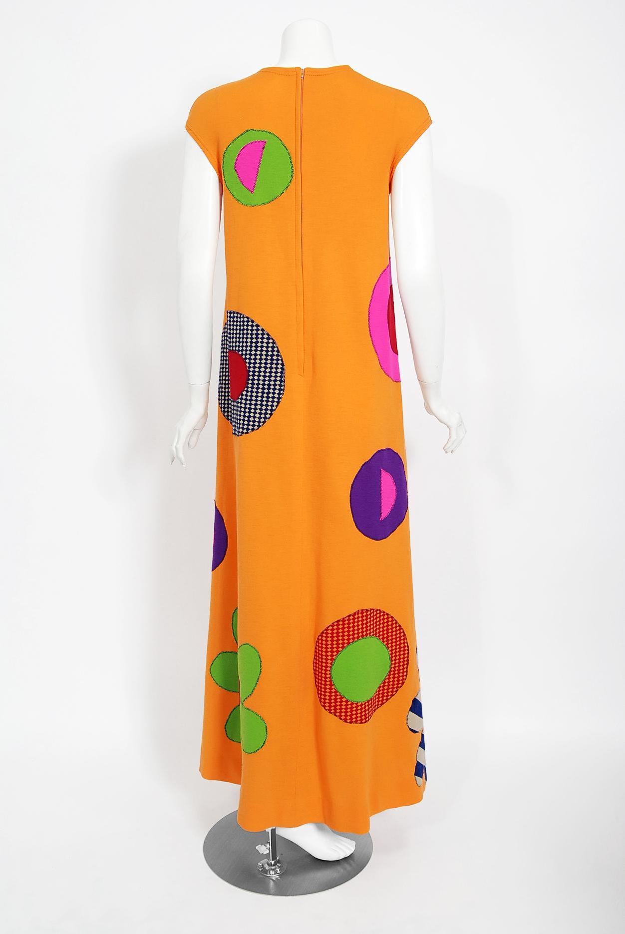 Vintage 1965 Rudi Gernreich 'Flower Power' Applique Orange Wool Mod Maxi Dress 3