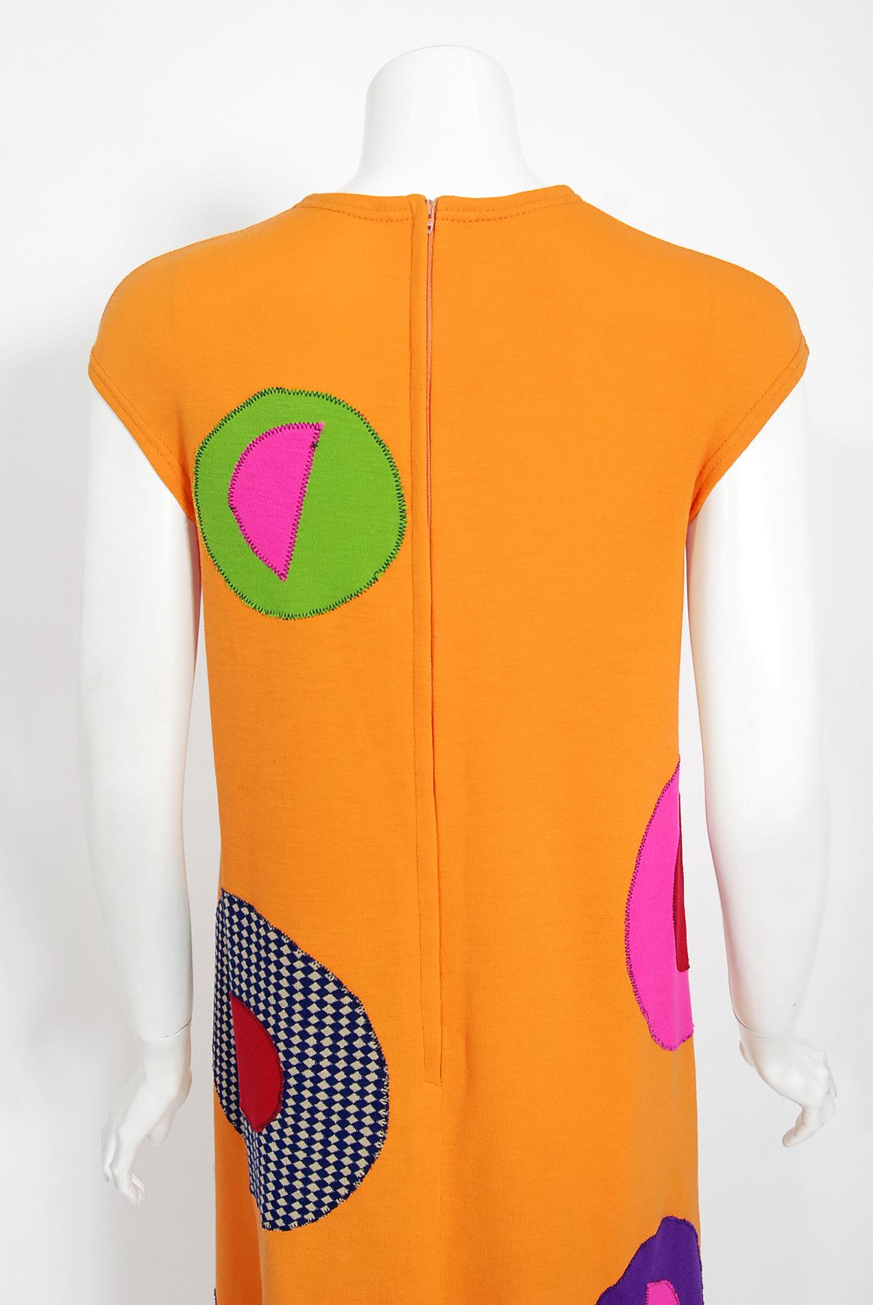 Vintage 1965 Rudi Gernreich 'Flower Power' Applique Orange Wool Mod Maxi Dress 4