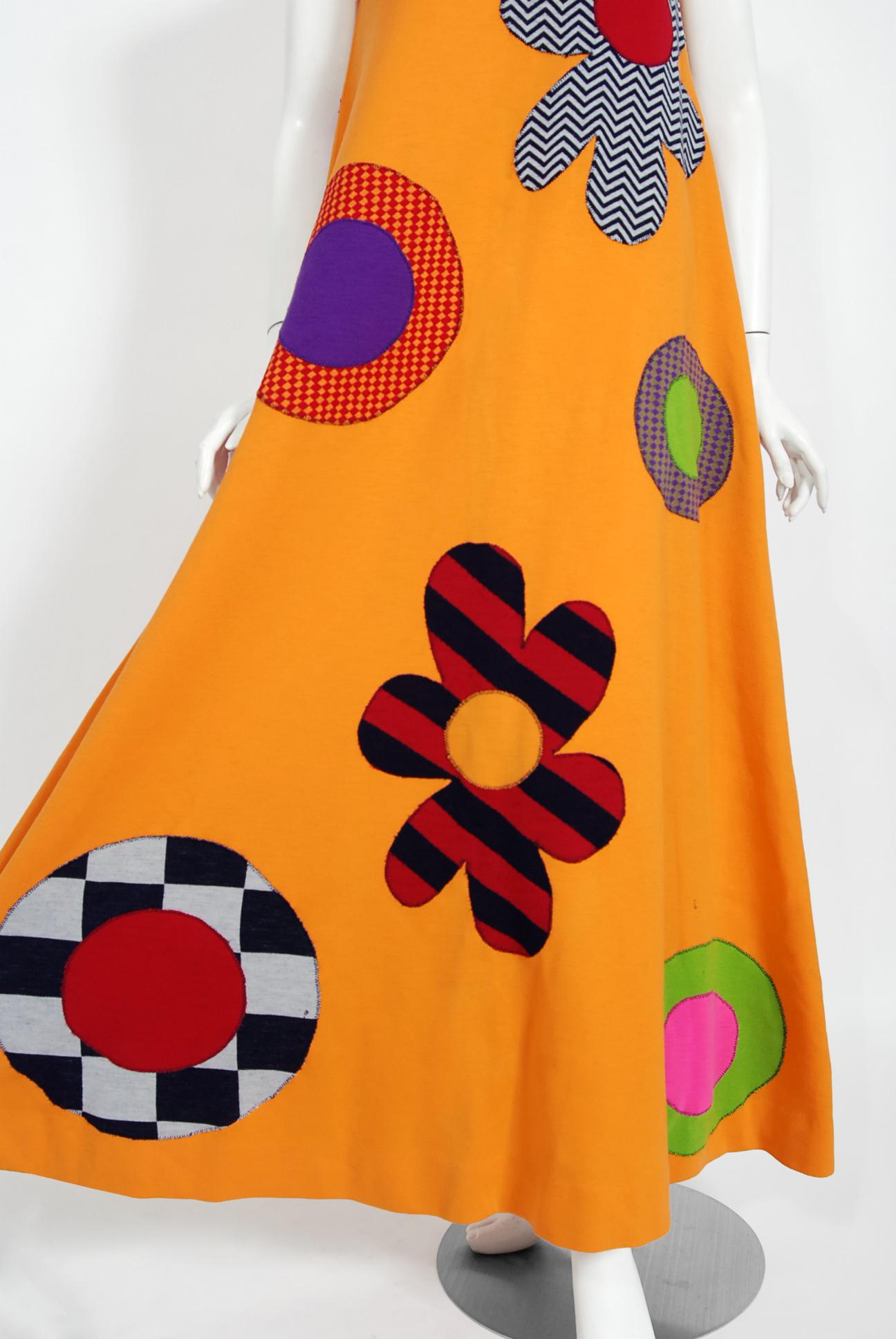 Vintage 1965 Rudi Gernreich 'Flower Power' Applique Orange Wool Mod Maxi Dress In Good Condition In Beverly Hills, CA