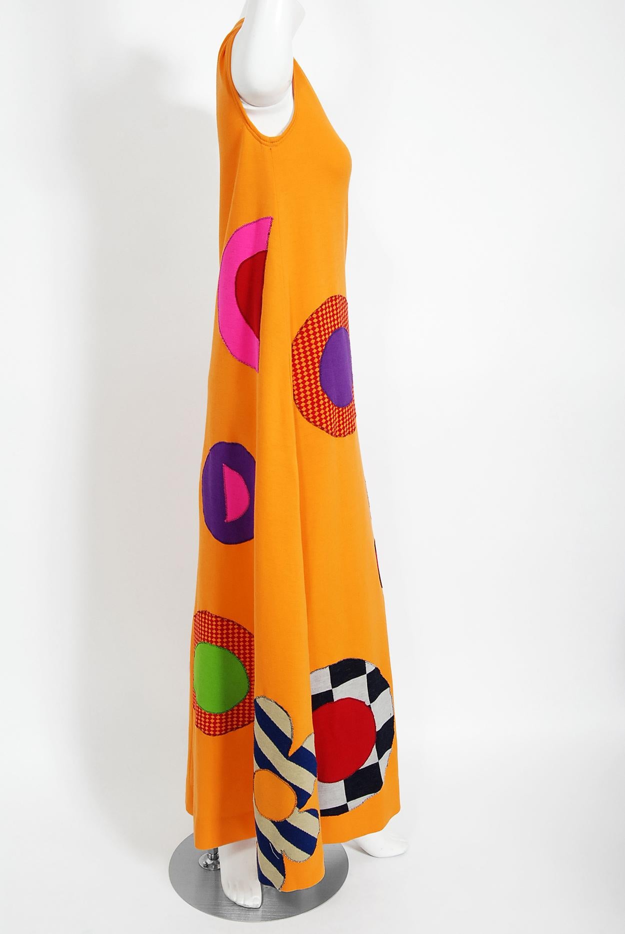 Women's Vintage 1965 Rudi Gernreich 'Flower Power' Applique Orange Wool Mod Maxi Dress