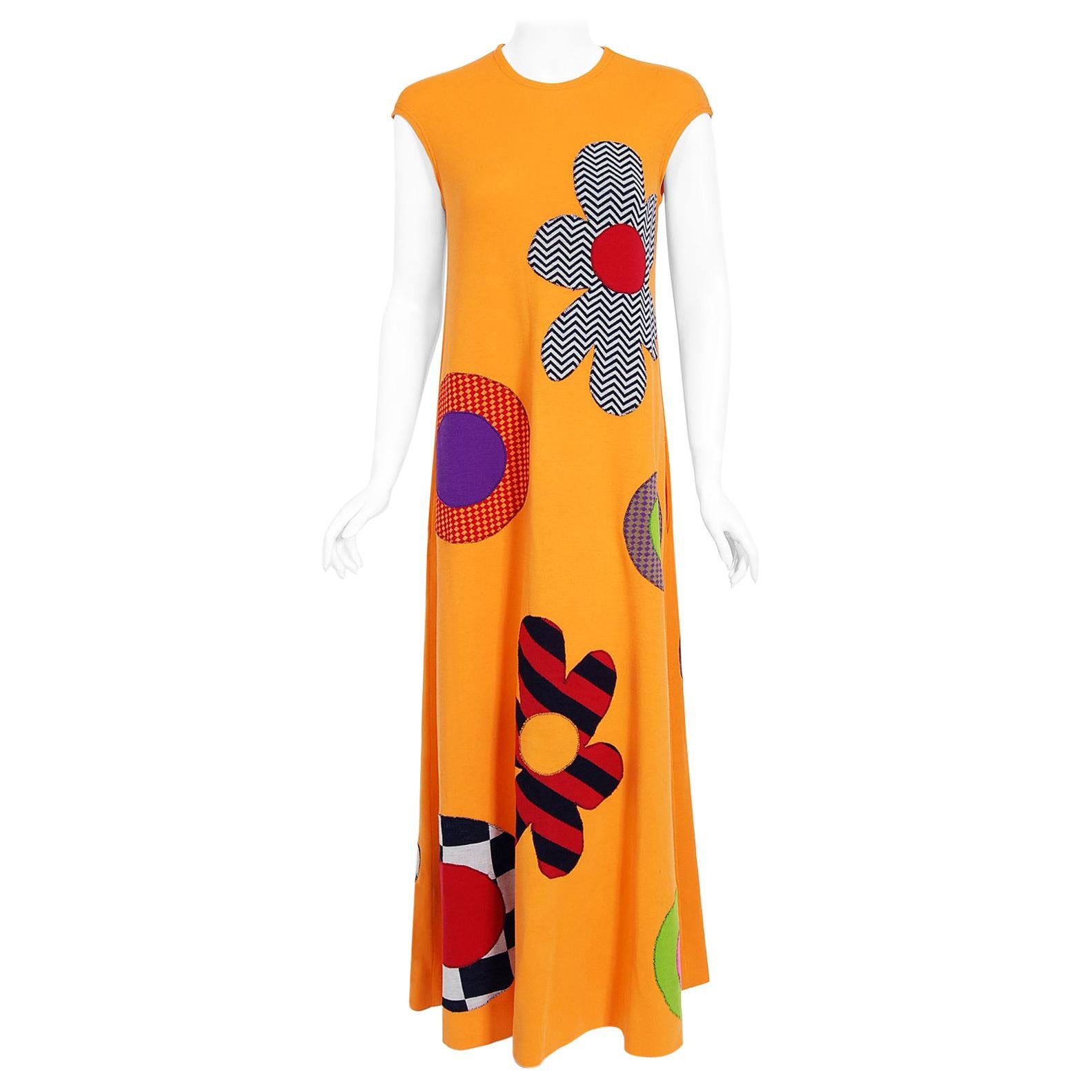 Vintage 1965 Rudi Gernreich 'Flower Power' Applique Orange Wool Mod Maxi Dress