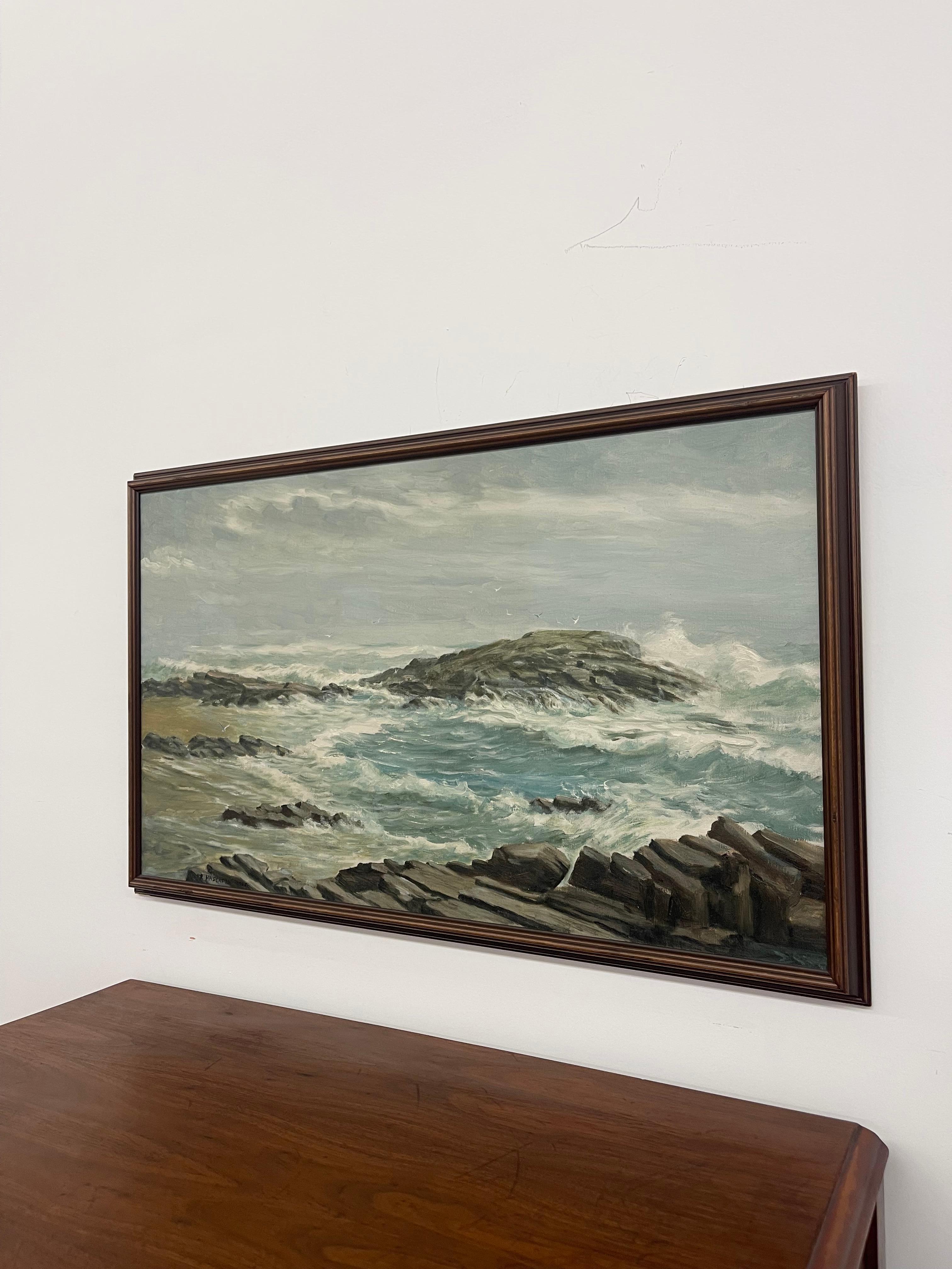 Mid-Century moderno Quadro d'epoca del 1965 con paesaggio marino di R. Hasenfus - Maine Shore Art Galleries in vendita
