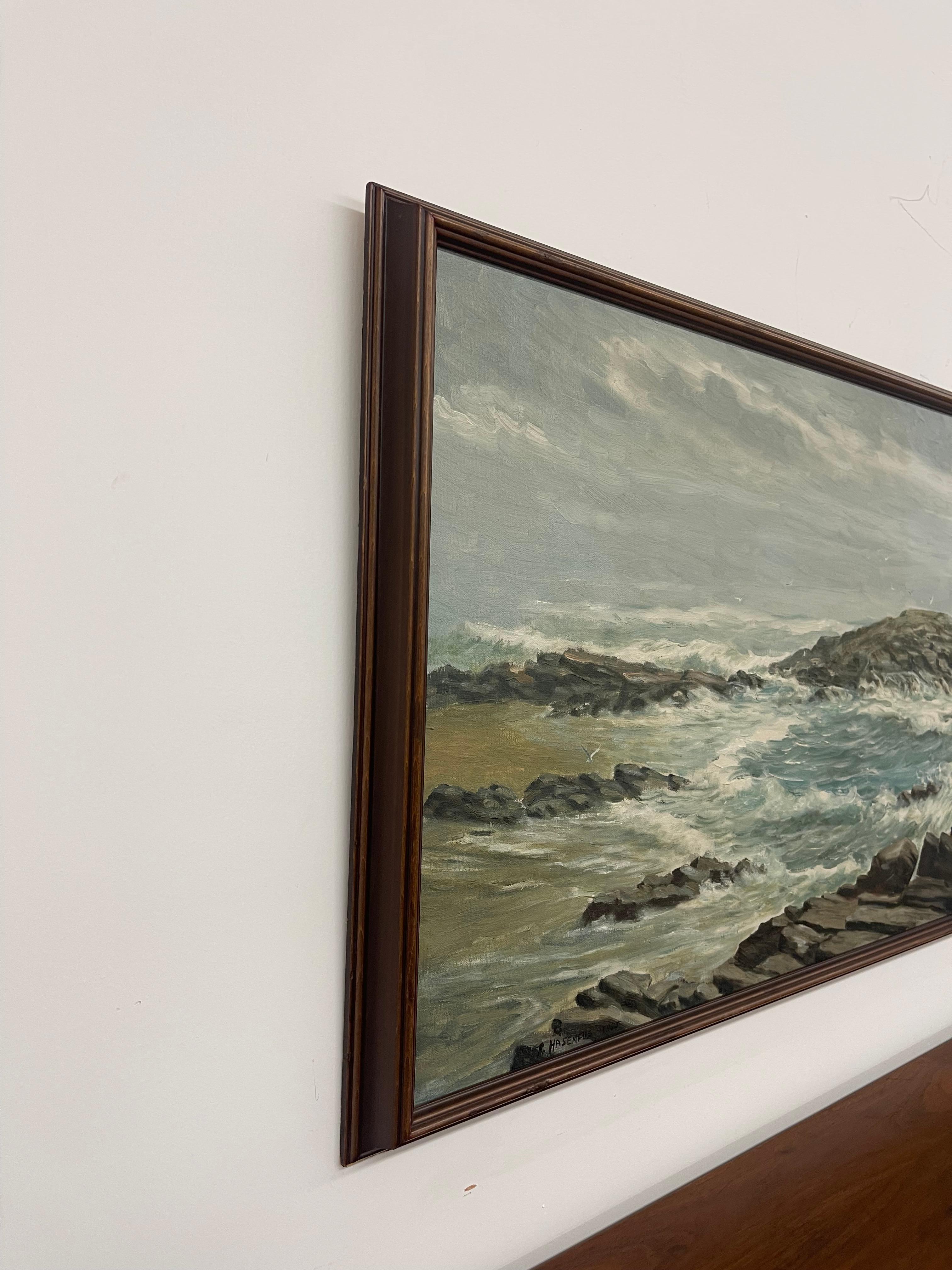 Quadro d'epoca del 1965 con paesaggio marino di R. Hasenfus - Maine Shore Art Galleries In condizioni buone in vendita a Seattle, WA