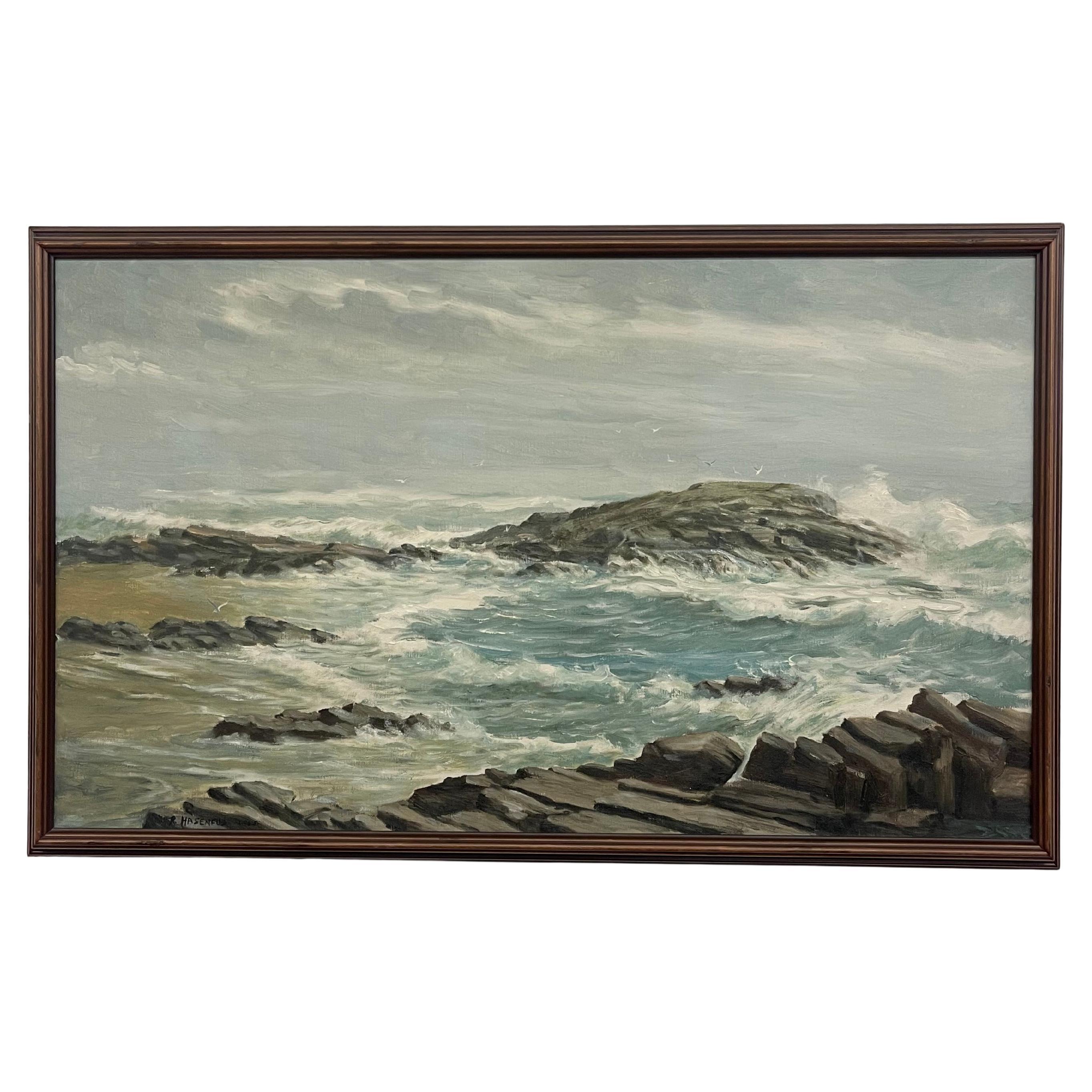 Vintage 1965 Seelandschaft Gemälde von R. Hasenfus - Maine Shore Art Galleries
