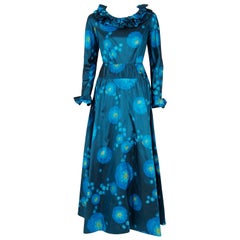 Vintage 1966 Arnold Scaasi Couture Watercolor Blue Floral Silk Long-Sleeve Gown