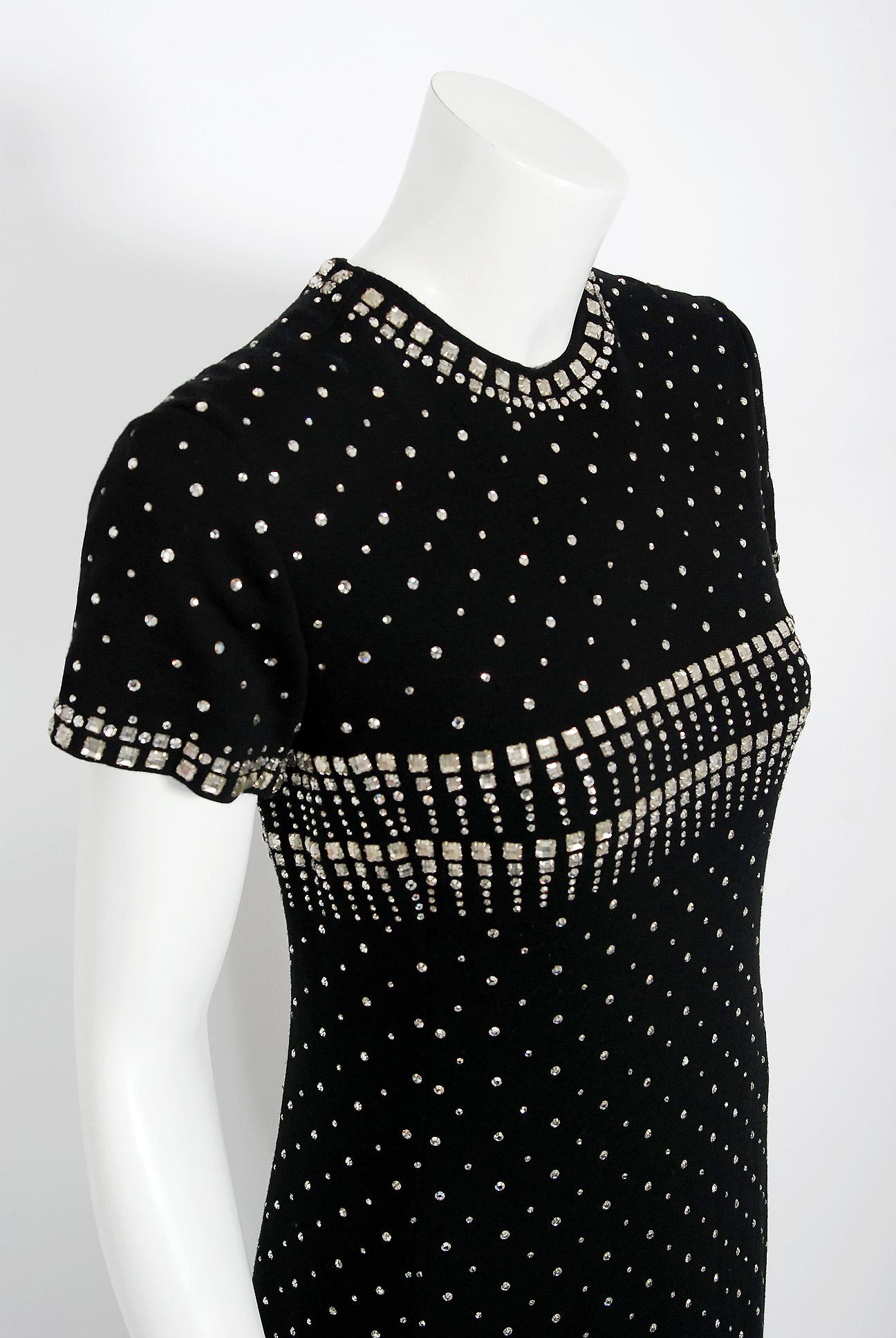 Vintage 1966 Geoffrey Beene Documented Rhinestone Studded Black Wool Maxi Gown In Good Condition In Beverly Hills, CA