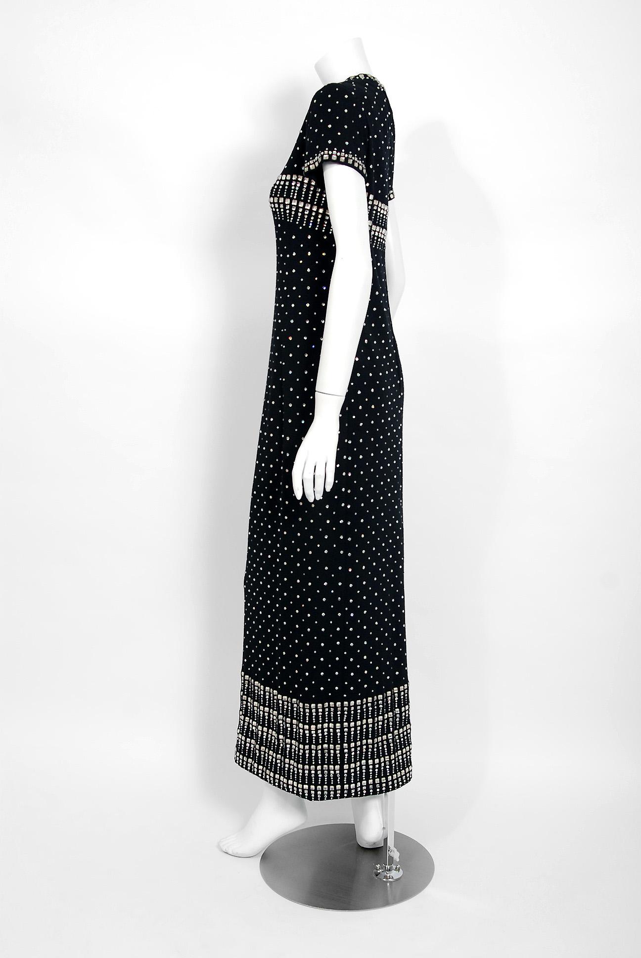 Vintage 1966 Geoffrey Beene Documented Rhinestone Studded Black Wool Maxi Gown 2