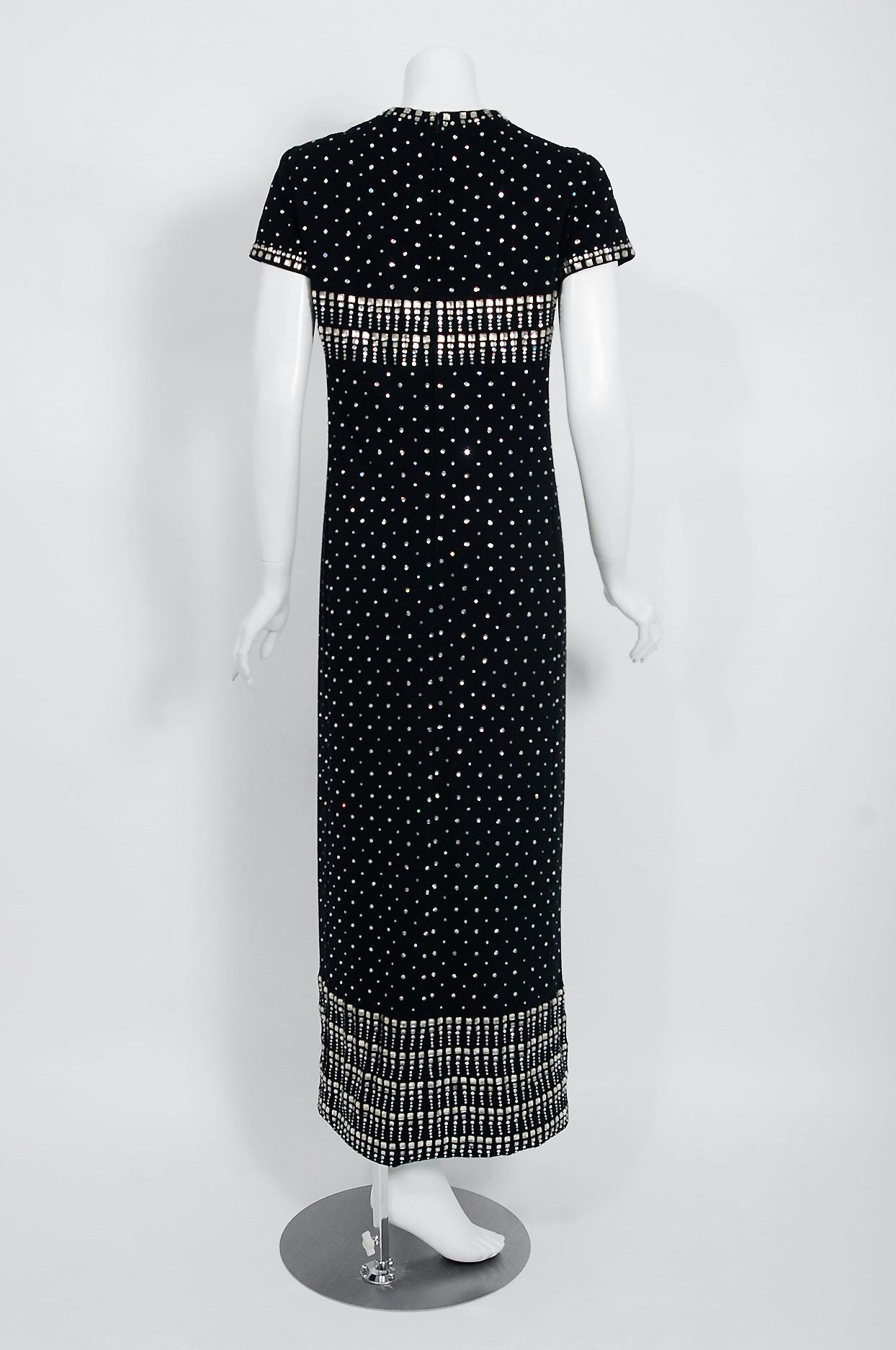 Vintage 1966 Geoffrey Beene Documented Rhinestone Studded Black Wool Maxi Gown 3