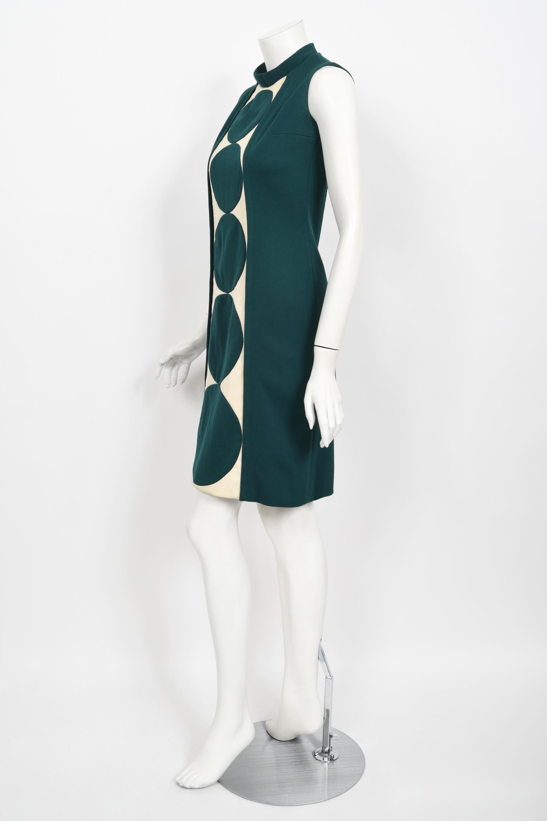 Vintage 1966 Jacques Esterel Haute Couture Documented Teal Blue Op-Art Mod Dress For Sale 7