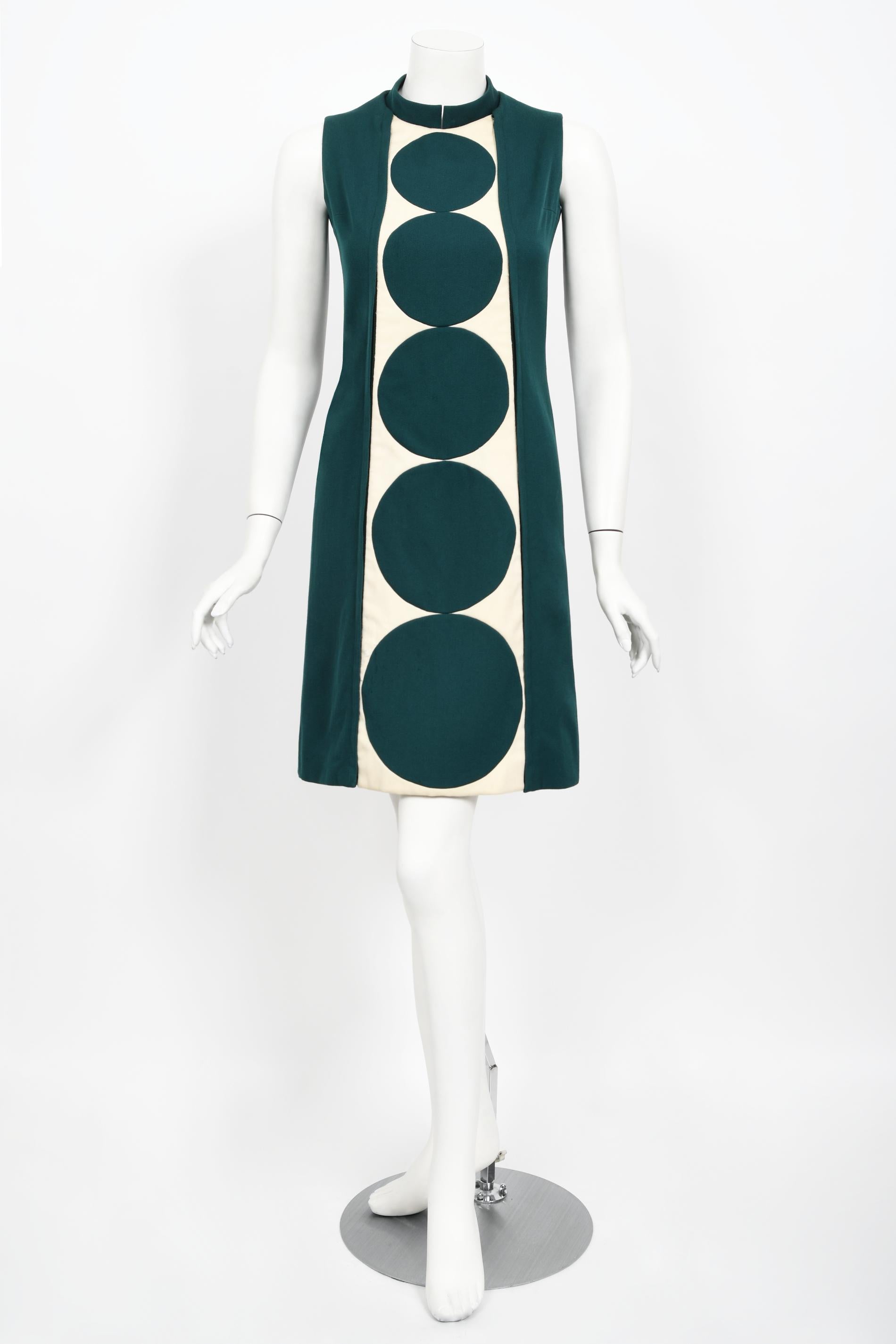 Vintage 1966 Jacques Esterel Haute Couture Documented Teal Blue Op-Art Mod Dress For Sale 1