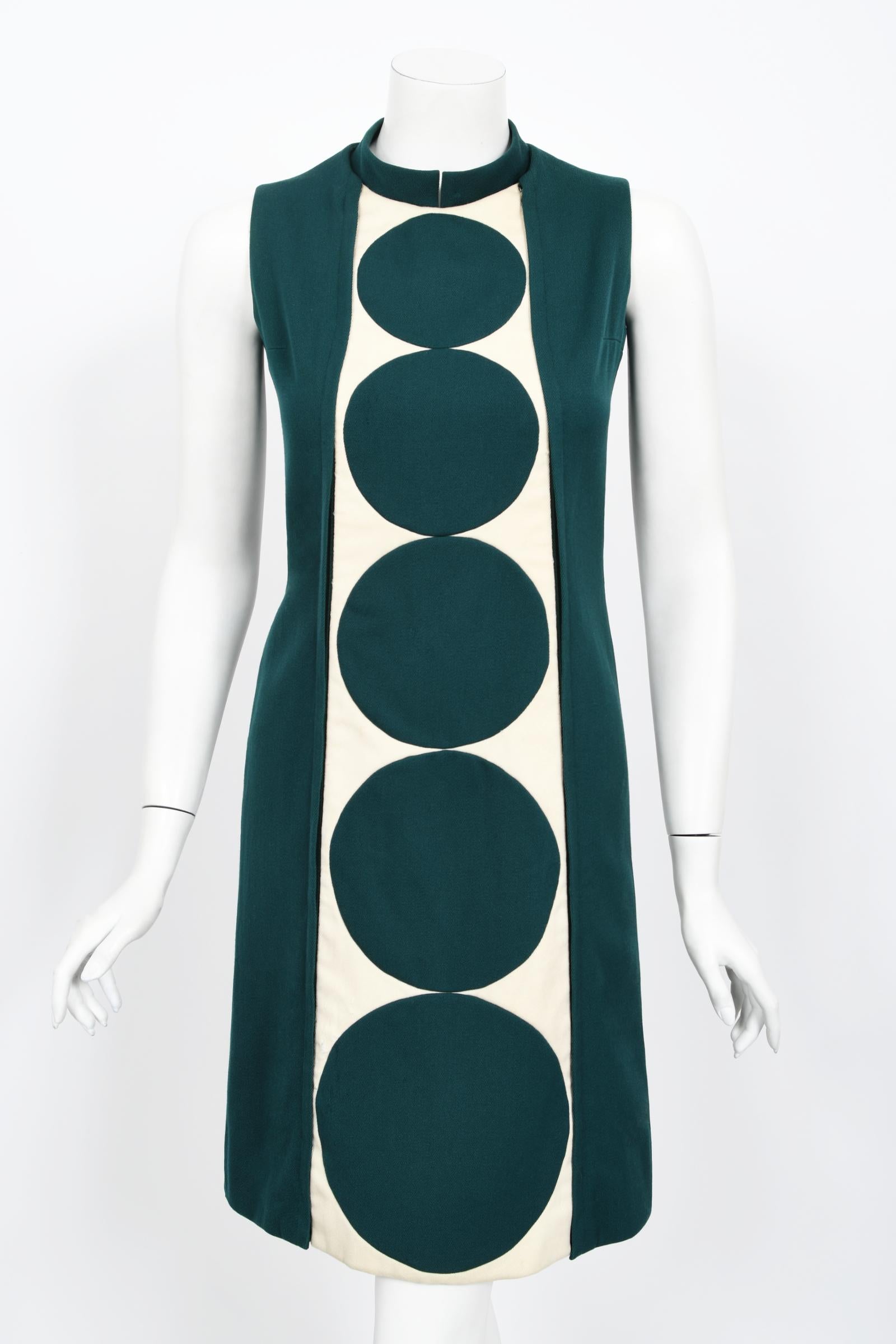 Vintage 1966 Jacques Esterel Haute Couture Documented Teal Blue Op-Art Mod Dress For Sale 2