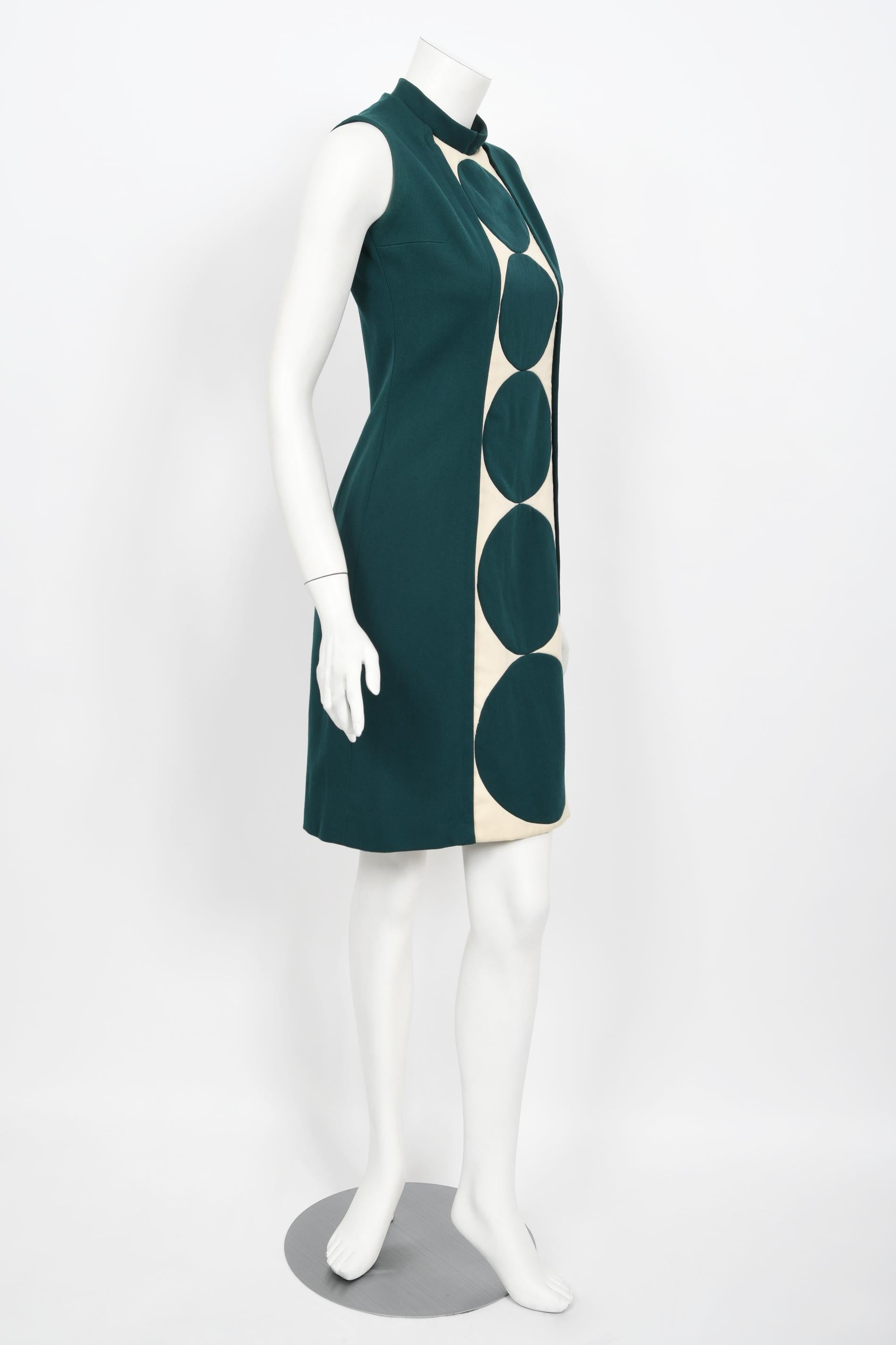 Vintage 1966 Jacques Esterel Haute Couture Documented Teal Blue Op-Art Mod Dress For Sale 4
