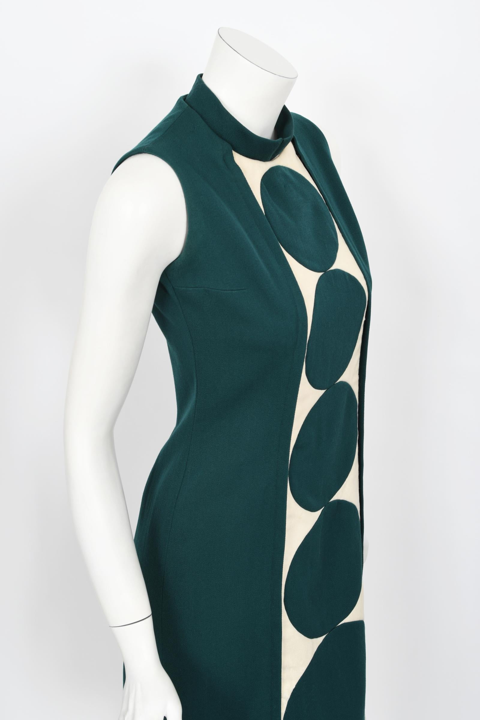 Vintage 1966 Jacques Esterel Haute Couture Documented Teal Blue Op-Art Mod Dress For Sale 5