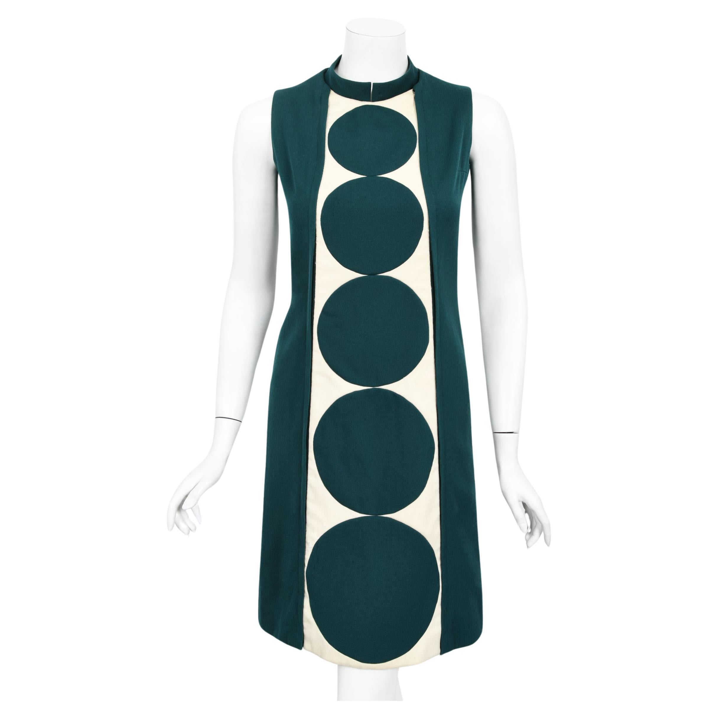 Vintage 1966 Jacques Esterel Haute Couture Documented Teal Blue Op-Art Mod Dress