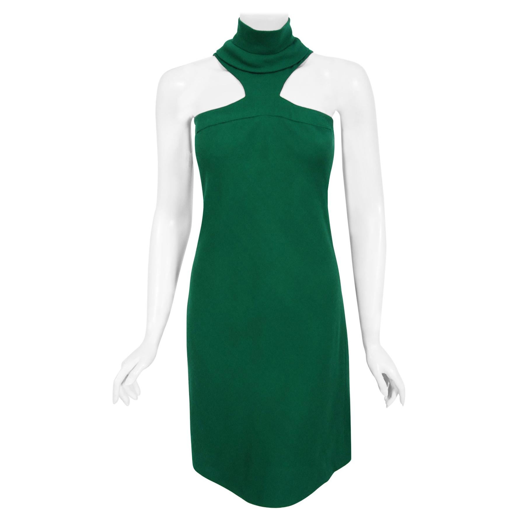 Vintage 1966 Pierre Cardin Haute Couture Documented Green Crepe Turtleneck Dress